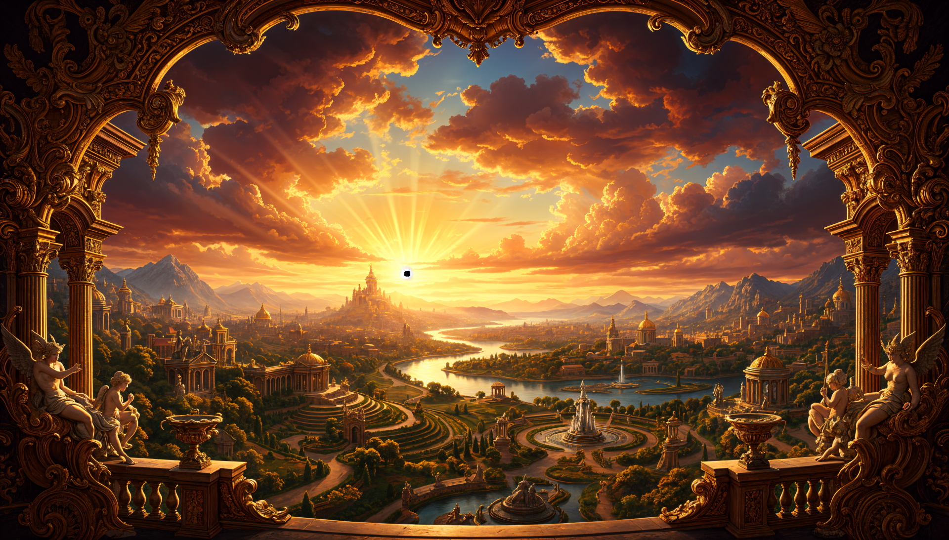 4K Ultra HD PC desktop wallpaper — ornate framed vista of a golden sunrise over a winding river, lush valley and distant castle, warm light spilling through dramatic clouds.