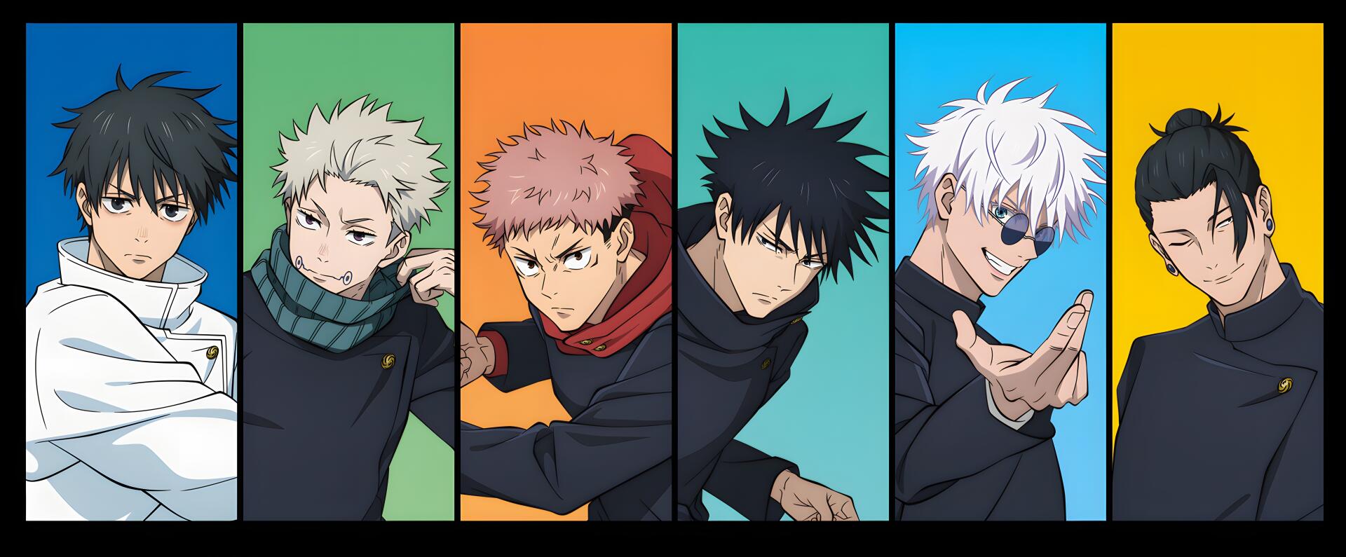 Anime Jujutsu Kaisen 5K Ultra HD PC desktop wallpaper and background featuring four characters posed in bold vertical panels — pink-, black-, white- and blond-haired figures.