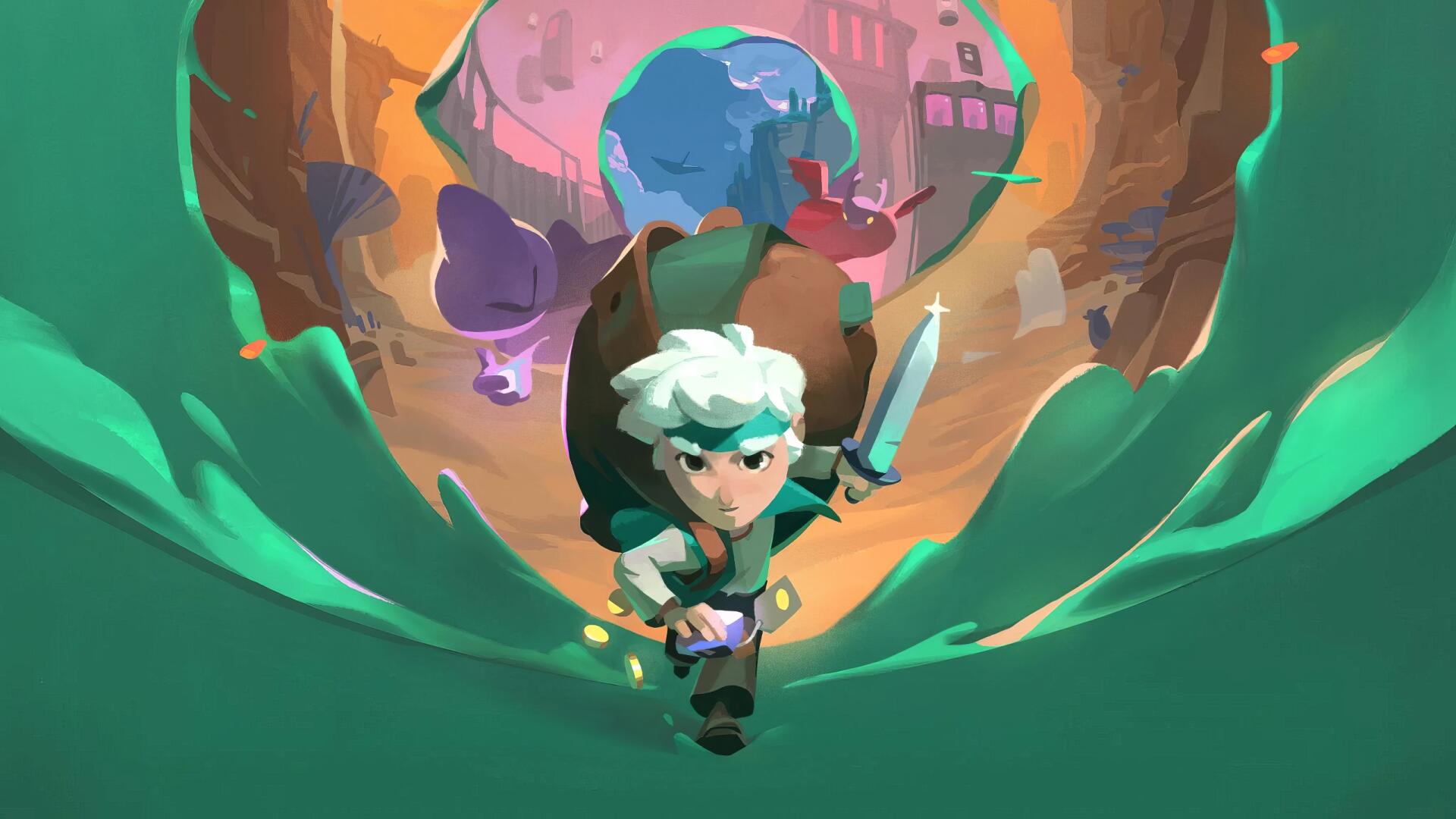 Moonlighter 2: The Endless Vault 2K Quad HD PC wallpaper: white‑haired hero with a sword charging down a glowing, winding vault tunnel toward a colorful town beyond.