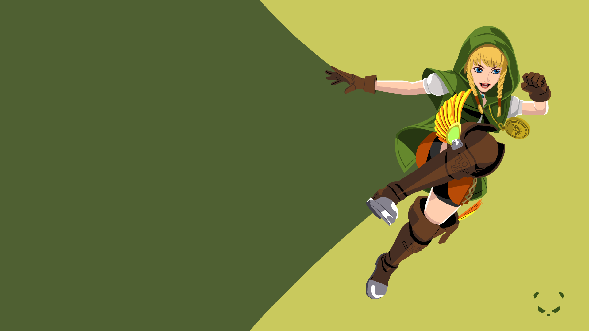4K Ultra HD PC desktop wallpaper of Linkle from the video game Hyrule Warriors Legends, leaping in a green outfit against a minimalist two-tone green background.