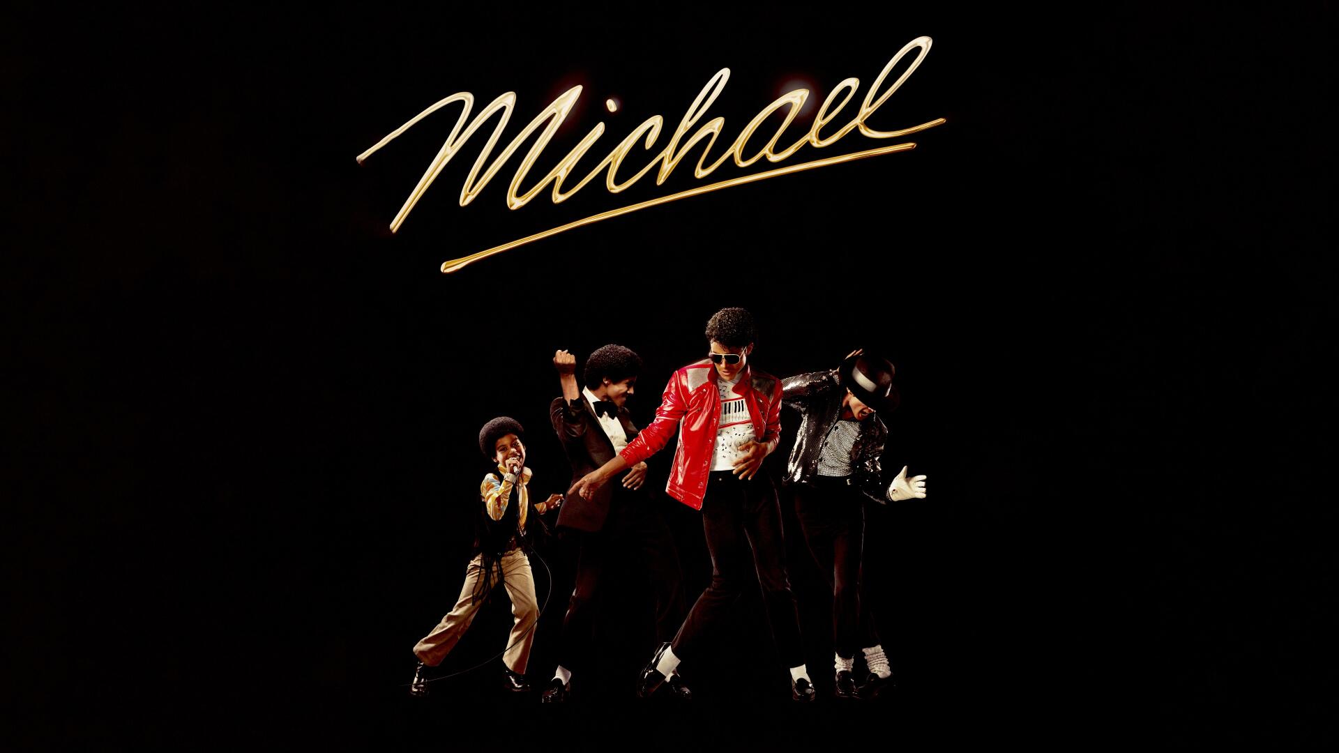 4K Ultra HD PC desktop wallpaper for the movie Michael (2026): gold scripted Michael above a montage of a dancer in a red jacket striking multiple poses on a black background.