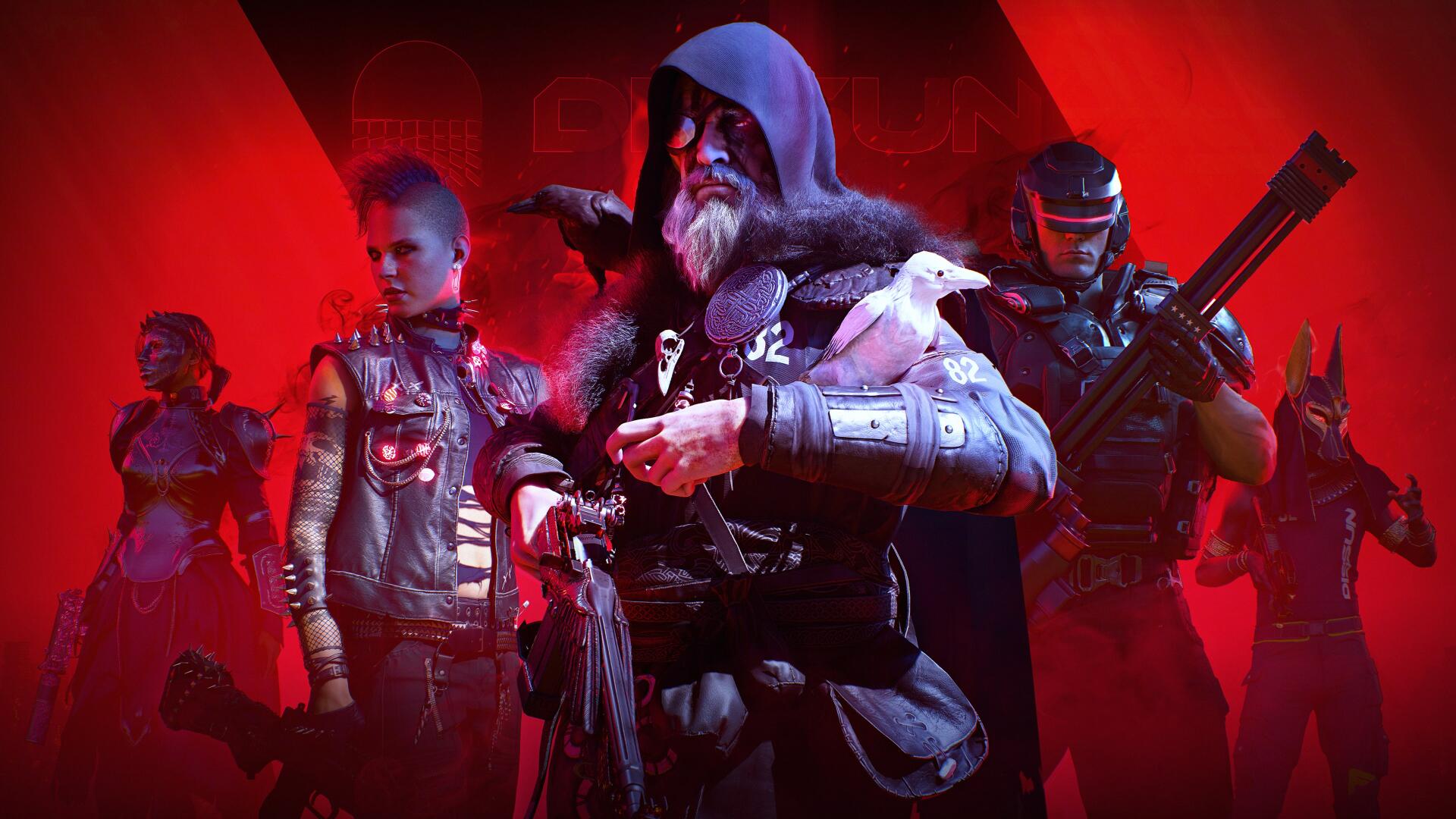 4K Ultra HD PC desktop wallpaper of the video game The Finals: red-lit team of armed characters led by a hooded, bearded leader with a white dove against a crimson backdrop.