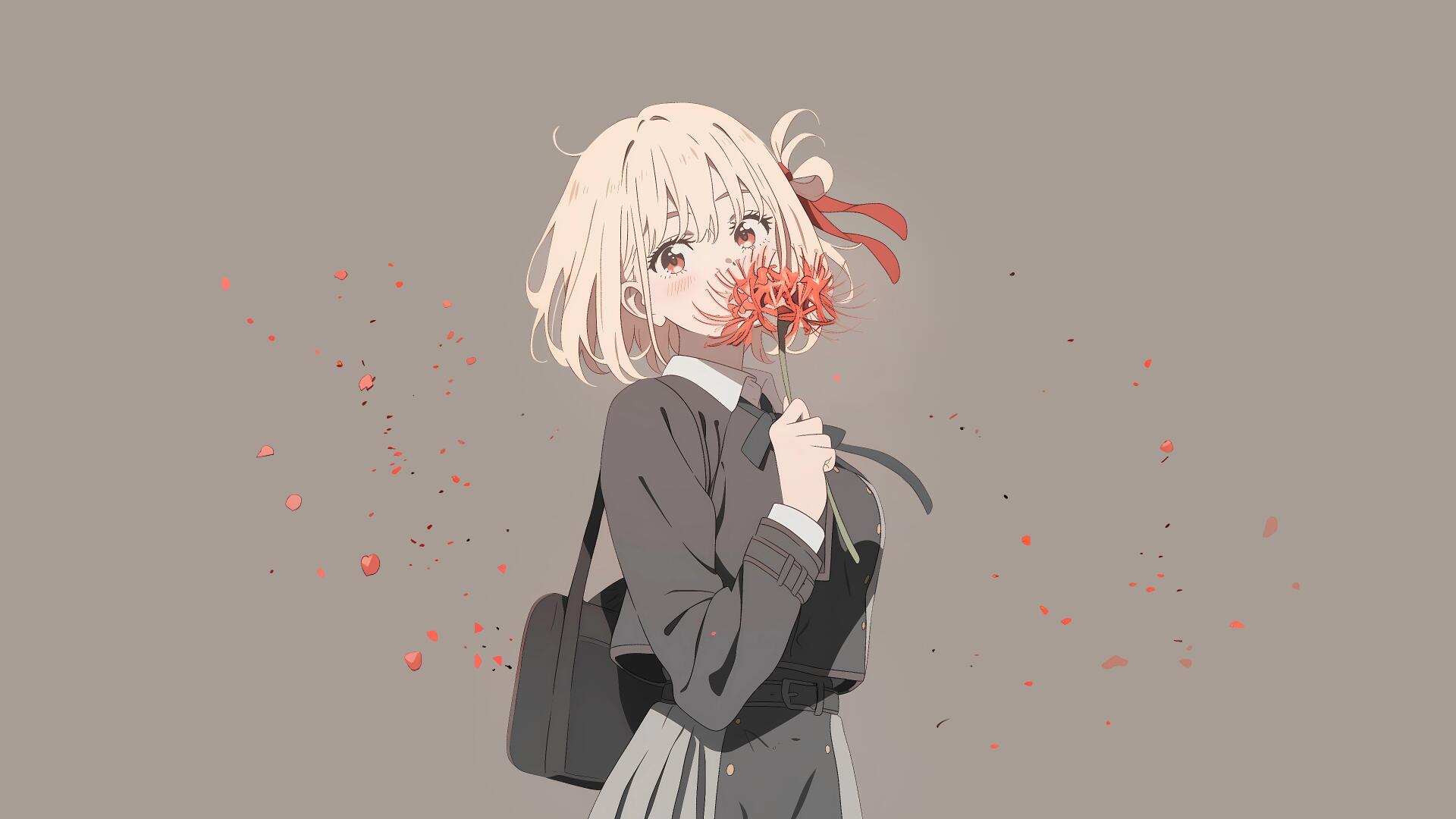 日漫-style short-haired schoolgirl holds a red flower to her mouth, petals drifting across a muted gray backdrop — 4K Ultra HD PC desktop wallpaper background.