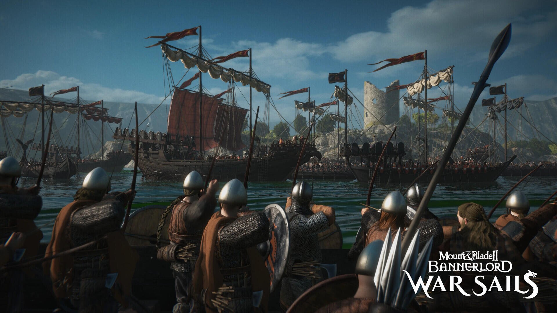 HD PC desktop wallpaper of a sea war from the video game Mount & Blade II: Bannerlord - War Sails, with armored sailors and shields confronting enemy warships and coastal towers.