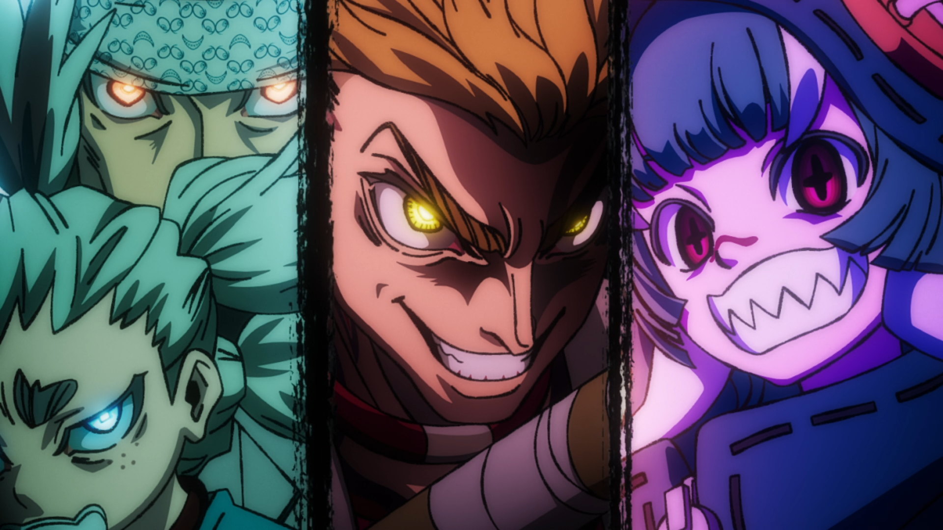 Anime Gachiakuta HD PC desktop wallpaper/background: three intense characters in split panels — teal-haired fighter, a grinning man with glowing yellow eyes, and a purple-haired girl baring sharp teeth.