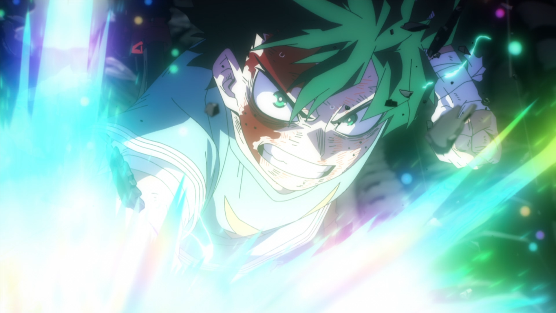 Anime HD PC desktop wallpaper of My Hero Academia's Izuku Midoriya charging forward, surrounded by glowing green energy with a fierce, determined expression.