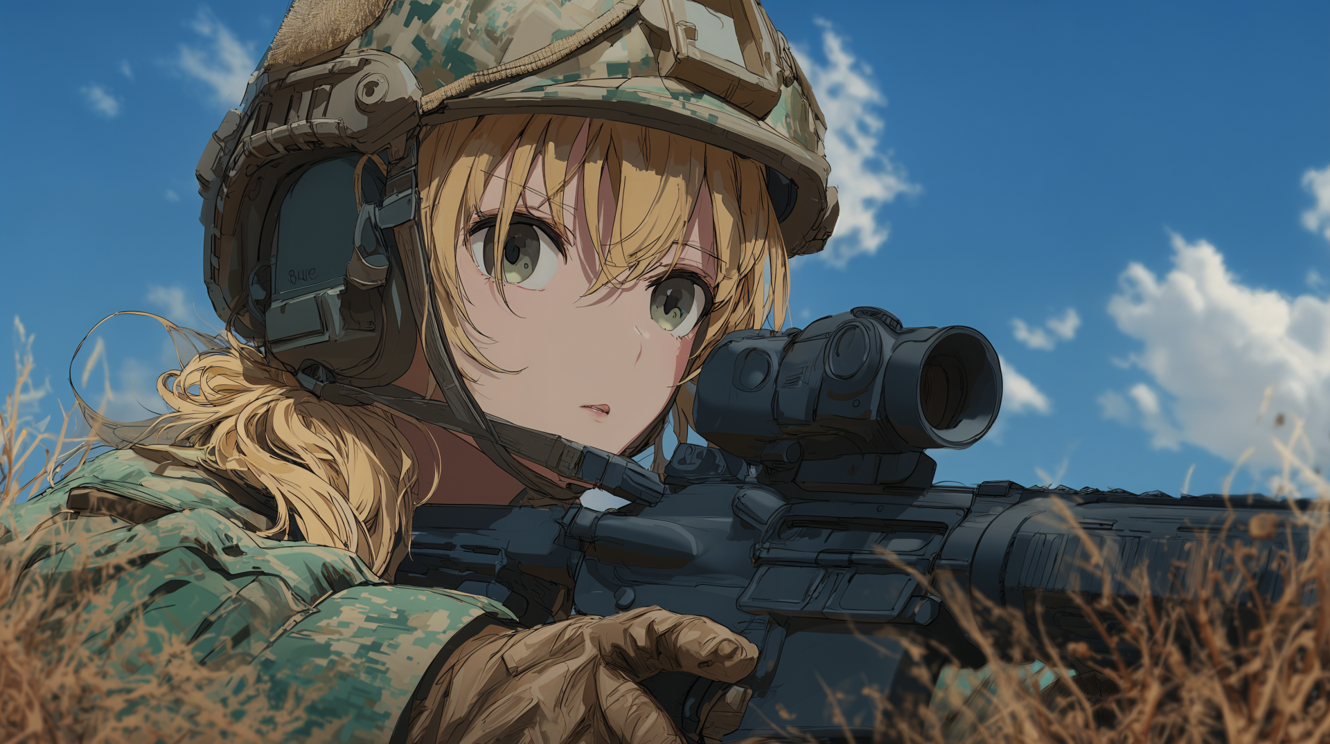 4K Ultra HD PC desktop wallpaper of an anime girl in military camouflage and helmet aiming a scoped rifle against a blue-sky background — military anime style.