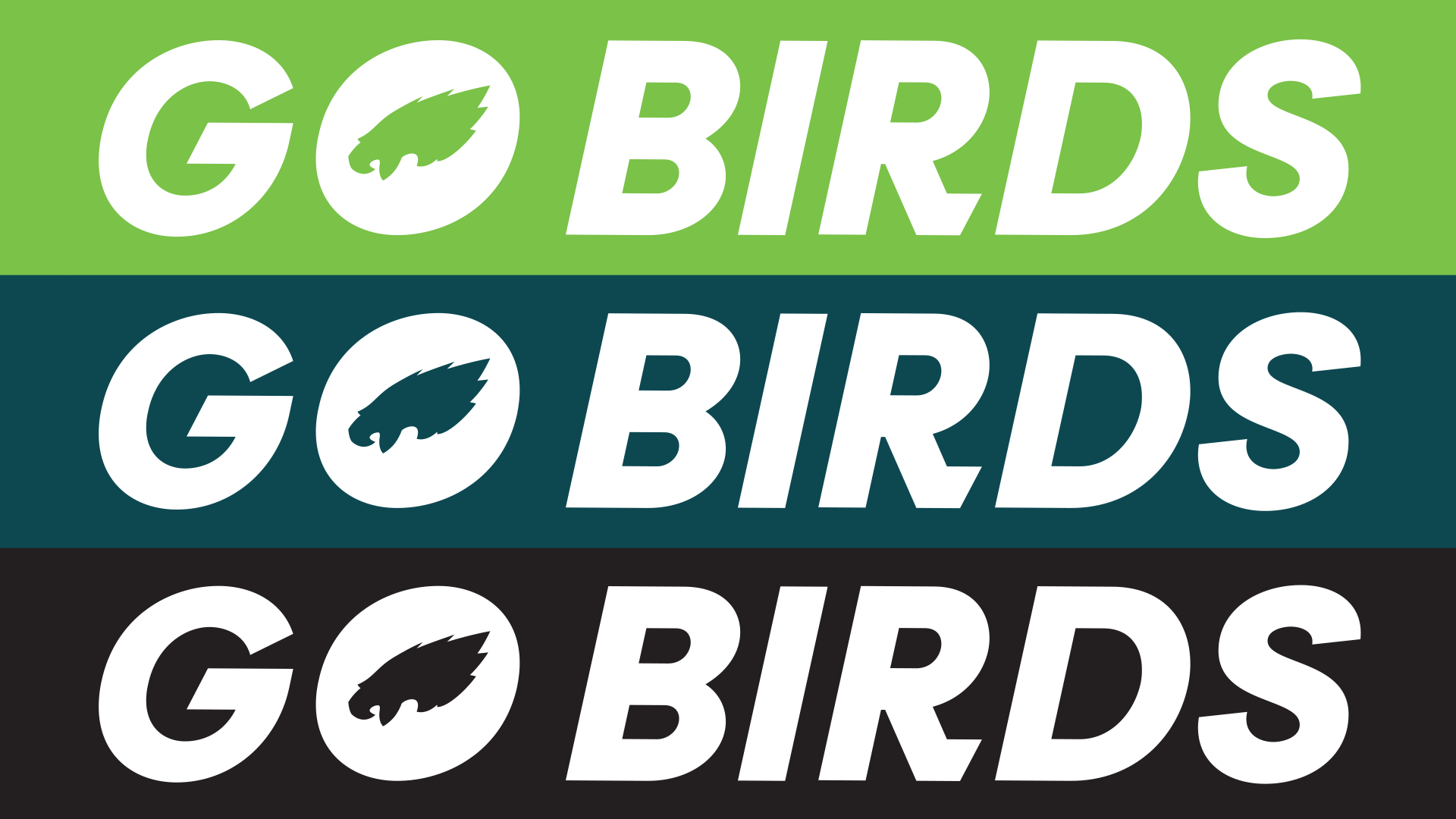 HD PC desktop wallpaper, sports football theme: Philadelphia Eagles NFL graphic with three horizontal bands (green, dark teal, black) each displaying GO BIRDS and the Eagles logo.