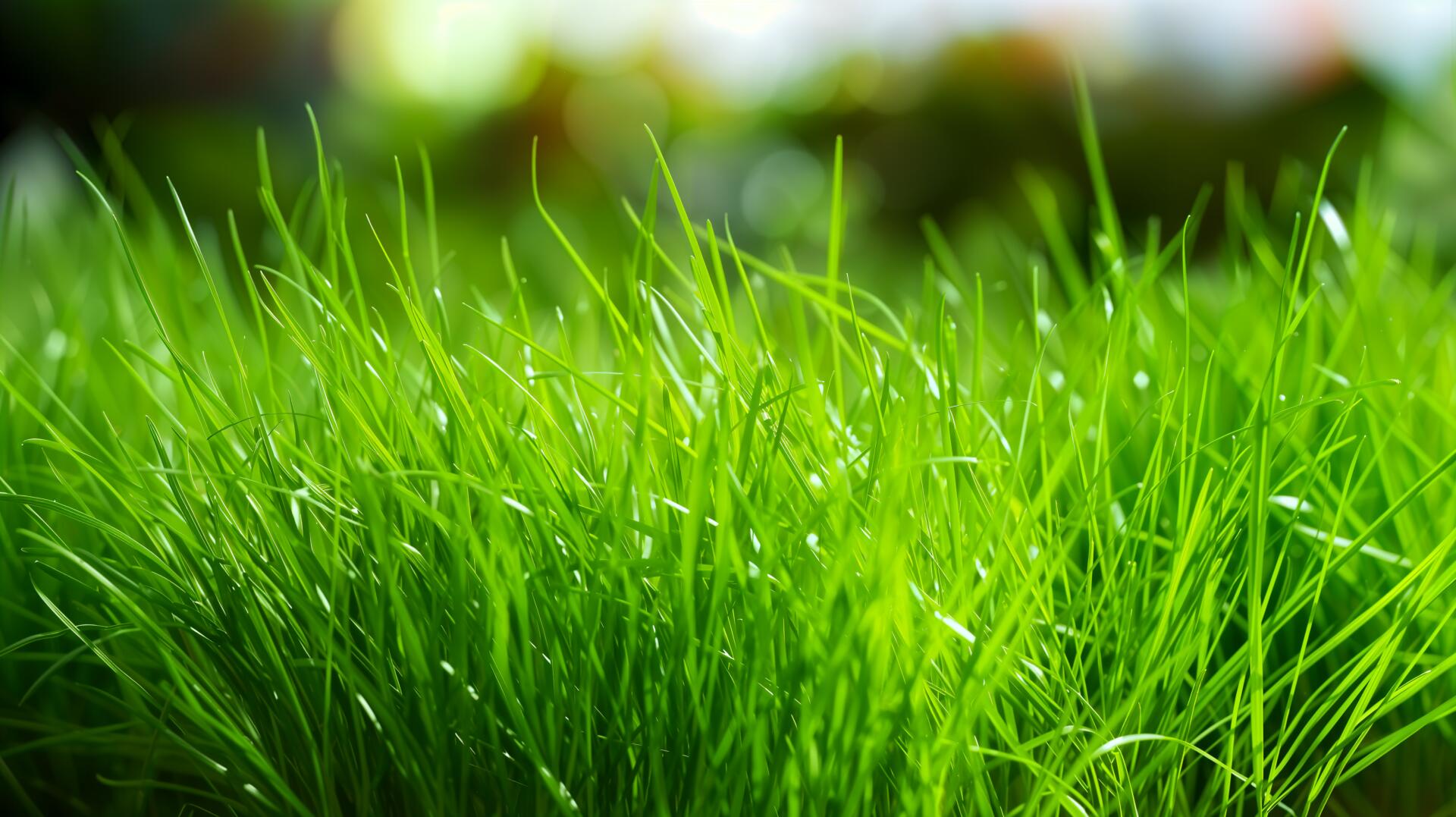 Close-up of vibrant green grass blades in nature — 4K Ultra HD PC desktop wallpaper background with Frutiger Aero styling.