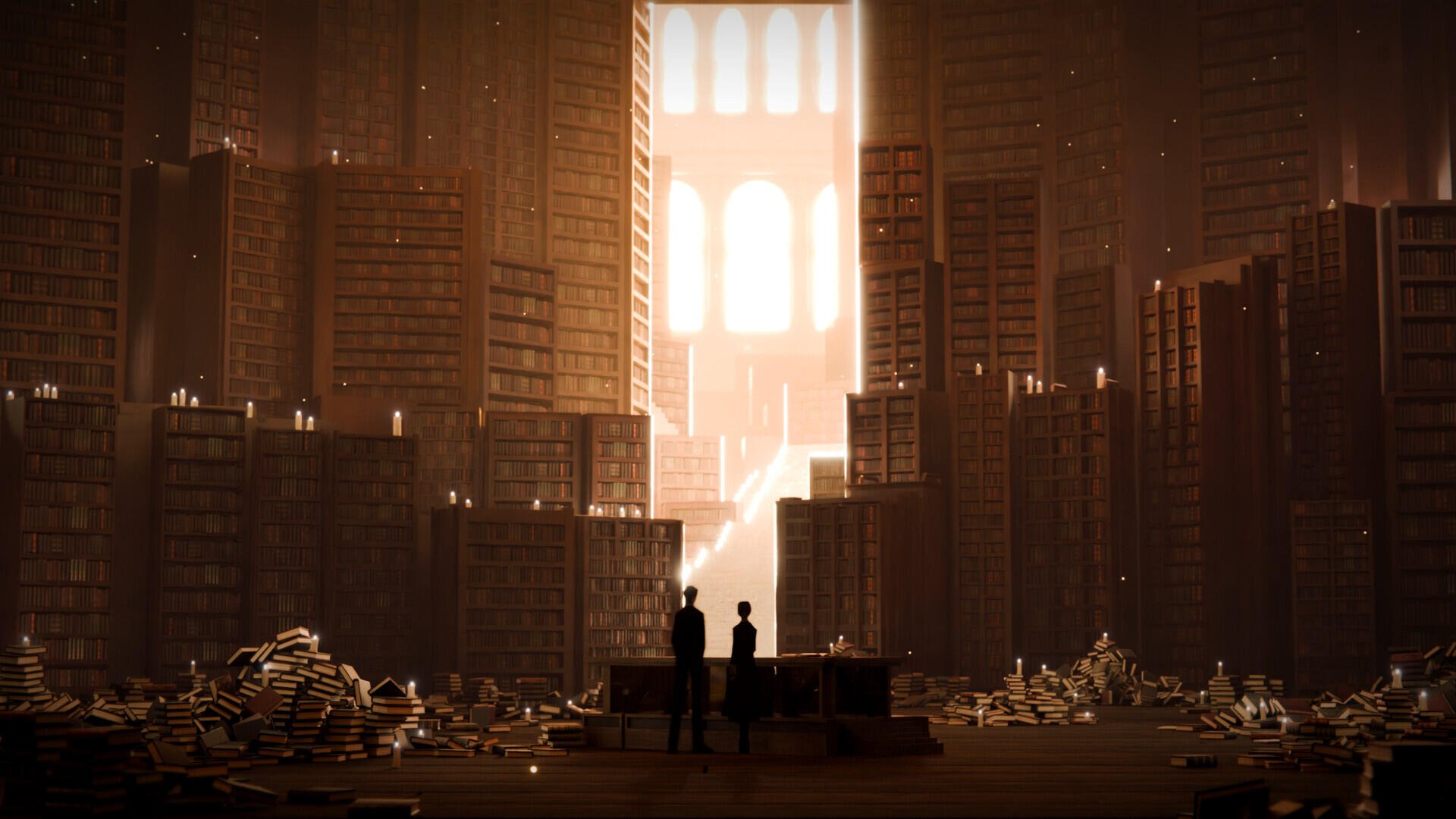 HD PC desktop wallpaper and background from the video game Library Of Ruina: two silhouetted figures amid towering, dust-filled bookshelves and scattered books, backlit by a tall arched window.