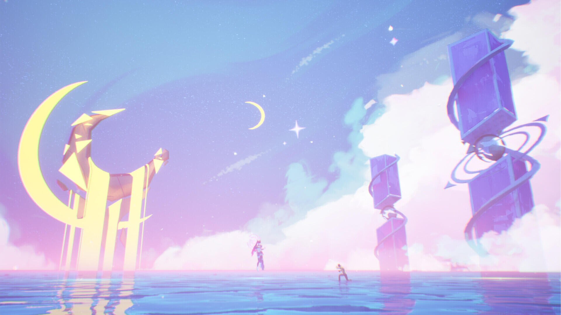 Dreamlike pastel HD PC desktop wallpaper from the video game Dead as Disco: lone figure standing on reflective water beneath crescent moons and surreal pastel towers.