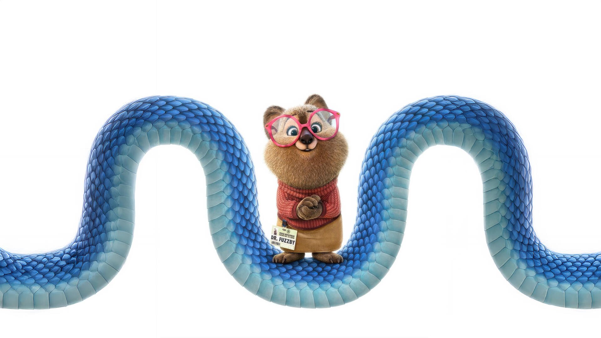 Zootopia 2 5K Ultra HD PC desktop wallpaper: small bespectacled animated mammal in a scarf stands atop a sinuous blue scaled ribbon against a white background.