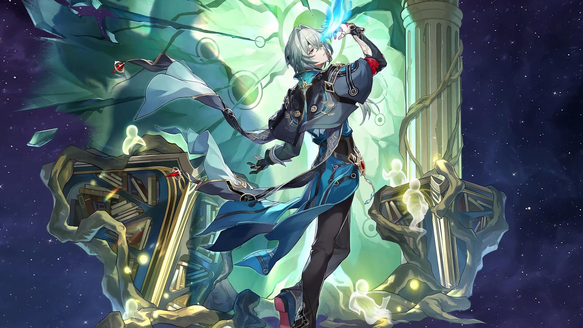 Video game HD PC desktop wallpaper of Anaxa from Honkai: Star Rail — an ethereal figure in flowing robes amid glowing ruins and a vivid starry cosmic backdrop.