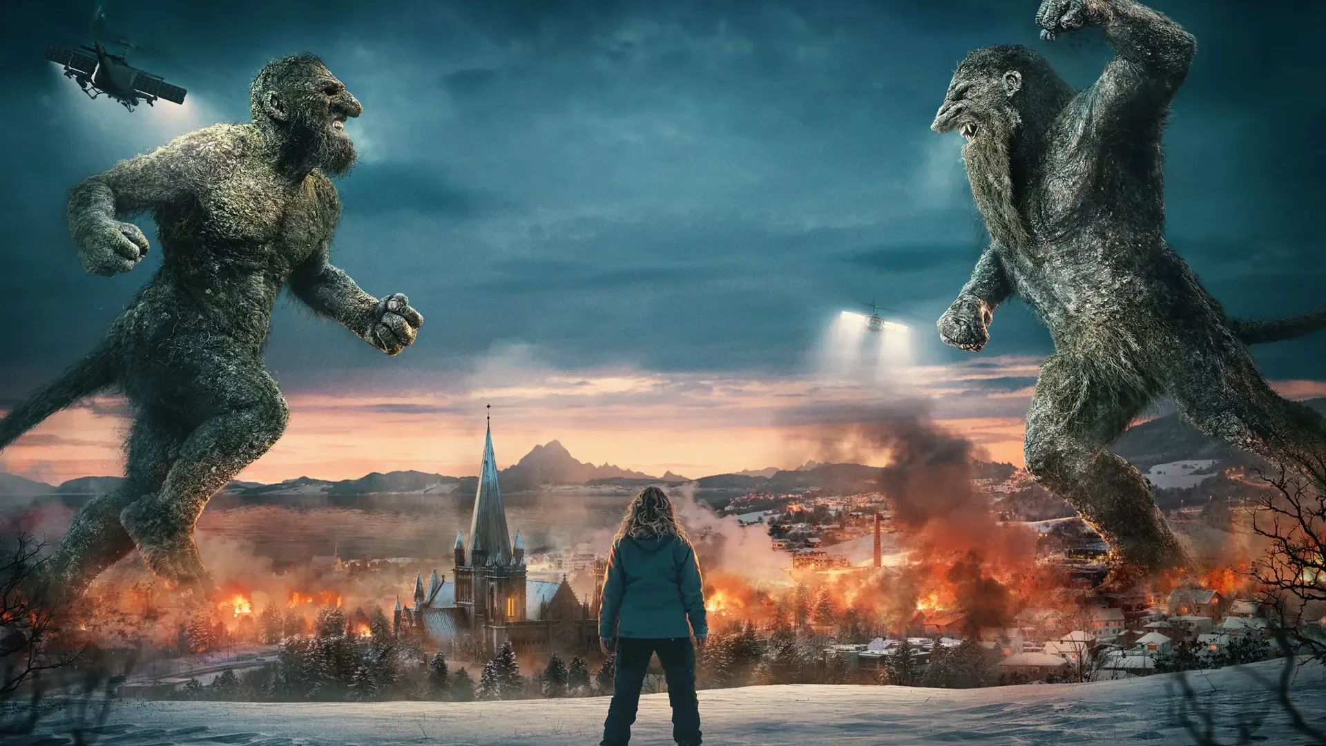 Troll 2 — 4K Ultra HD PC desktop wallpaper: lone figure faces two towering trolls warring over a burning, snow-dusted town beneath a stormy sky as helicopters circle.
