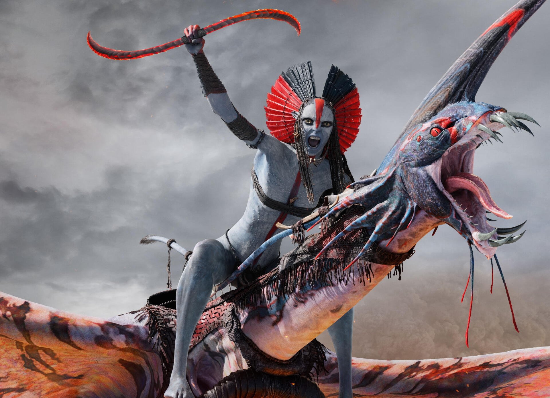 Avatar: Fire and Ash — blue-skinned warrior with red fan headdress riding a snarling, winged creature and wielding a flaming whip; 5K Ultra HD PC desktop wallpaper/background.