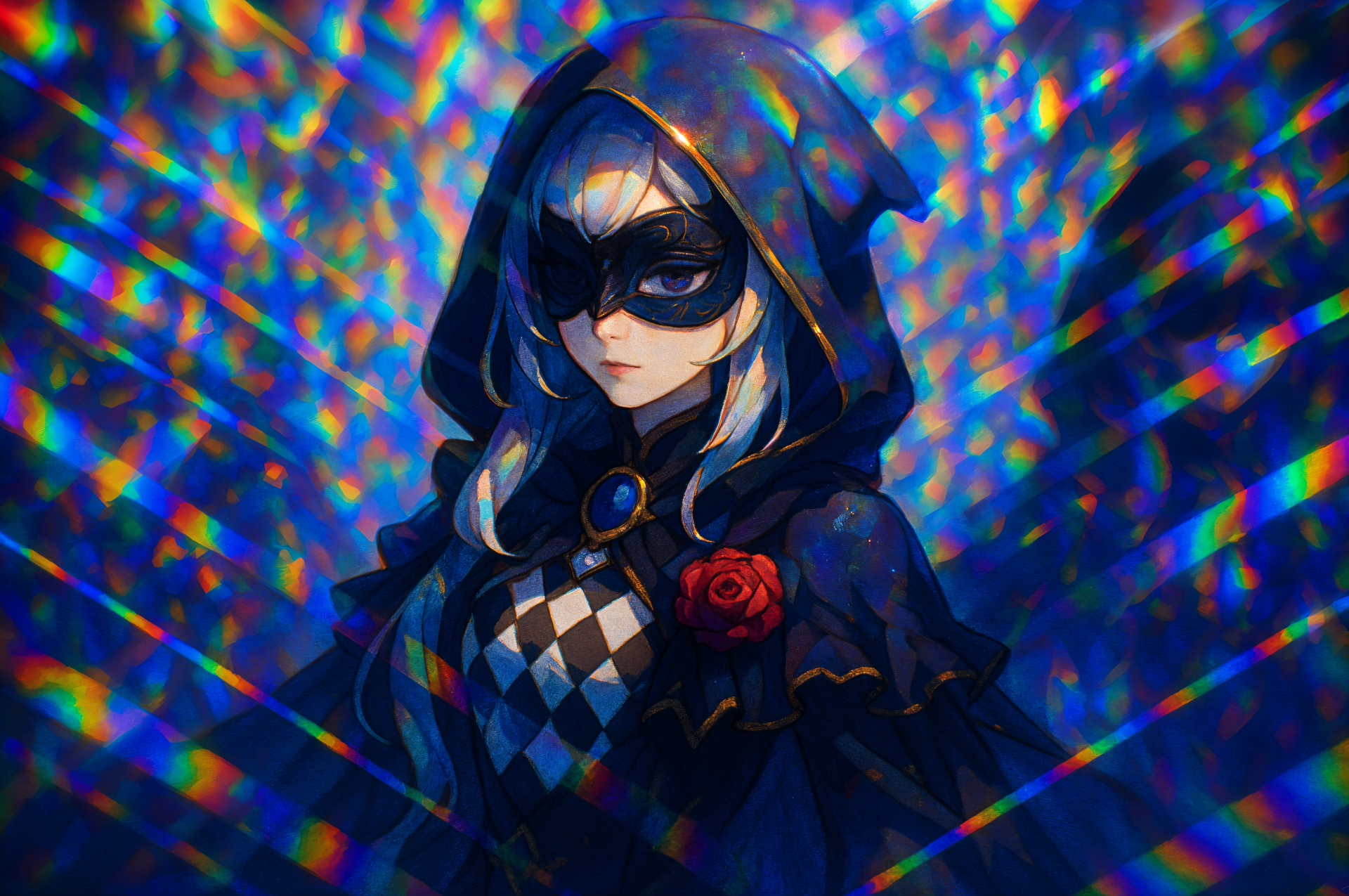 4K Ultra HD PC desktop wallpaper of a masked, hooded woman in a dark cloak with harlequin chest, a red rose brooch, and prism-like light shards scattering across a blue backdrop.
