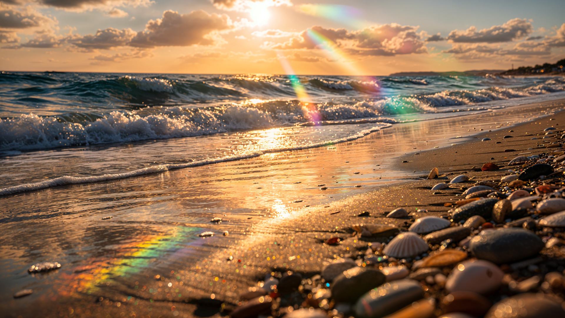 4K Ultra HD PC desktop wallpaper and background: sunlit shoreline with pebbles and shells, gentle waves and golden sunset rays reflecting on wet sand.