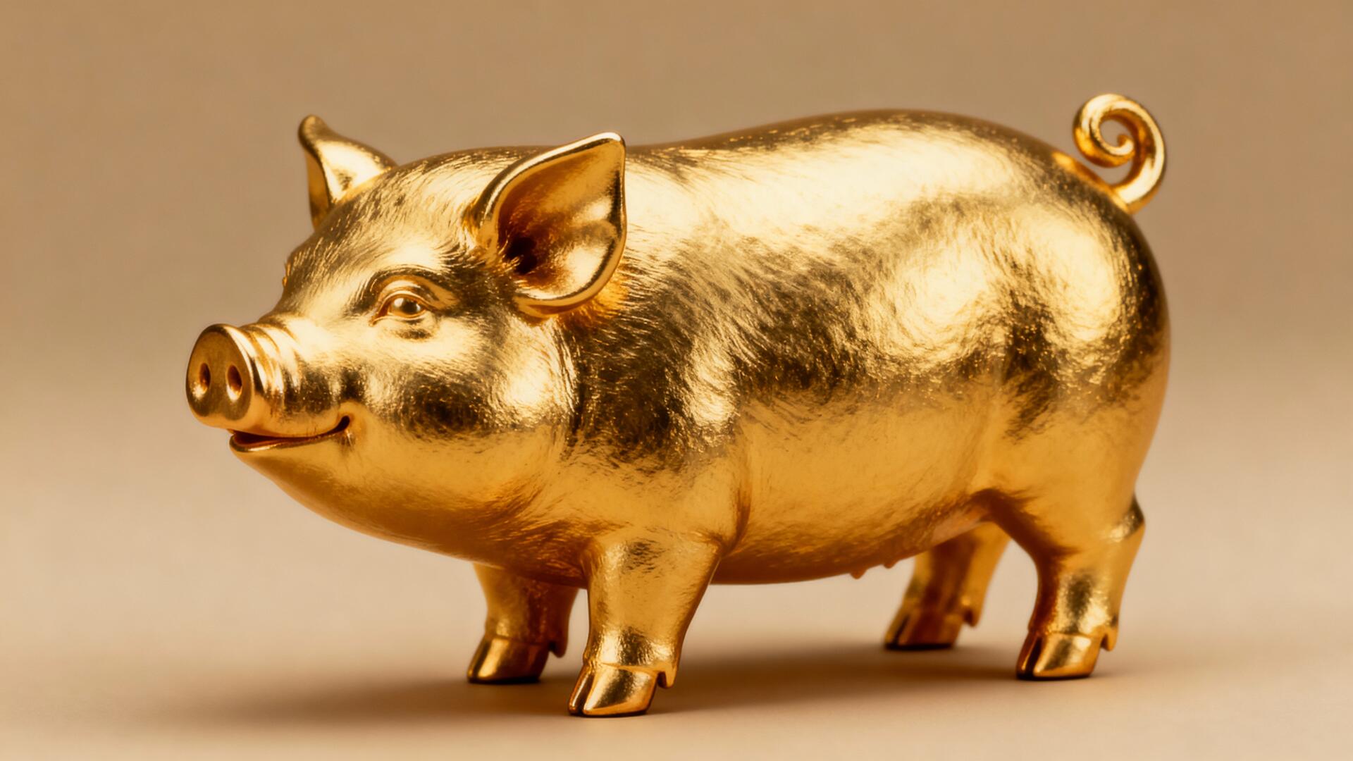 Golden piglet figurine on a warm beige backdrop, rendered as a 4K Ultra HD PC desktop wallpaper and background.
