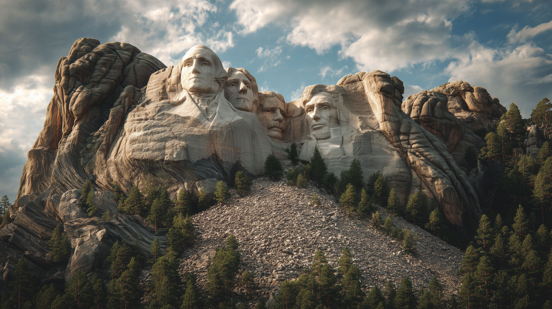 Man-made Mount Rushmore monument in the USA: granite presidential faces carved into a mountainside, 2K Quad HD PC desktop wallpaper and background.
