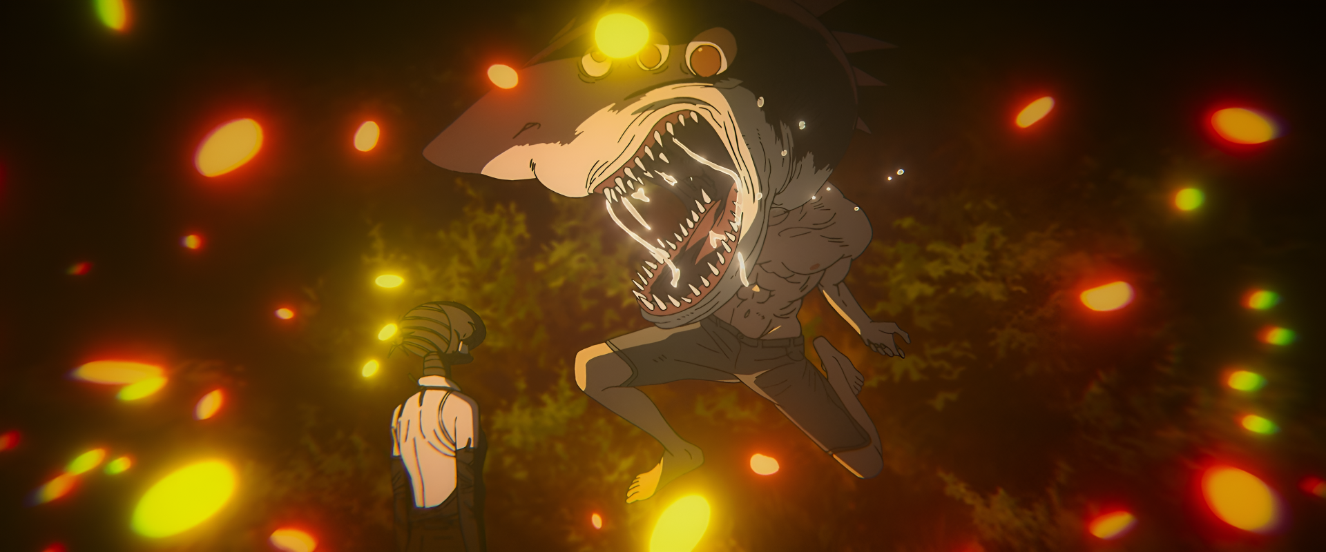 Anime 2K Quad HD PC desktop wallpaper: Chainsaw Man — Beam the shark-devil lunges with gaping jaws at Reze amid glowing embers and a dark forest background.