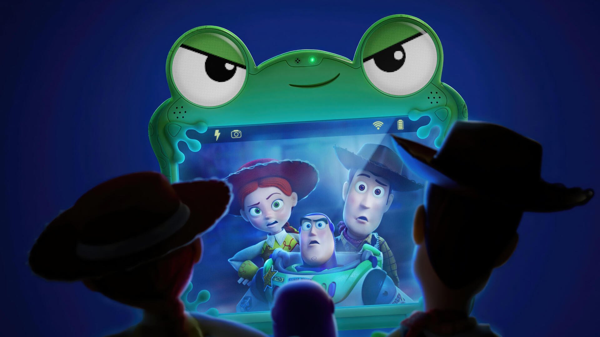 Toy Story 5 4K Ultra HD PC desktop wallpaper/background: silhouetted toys watch a glowing frog-shaped screen showing Woody, Buzz, and Jessie.