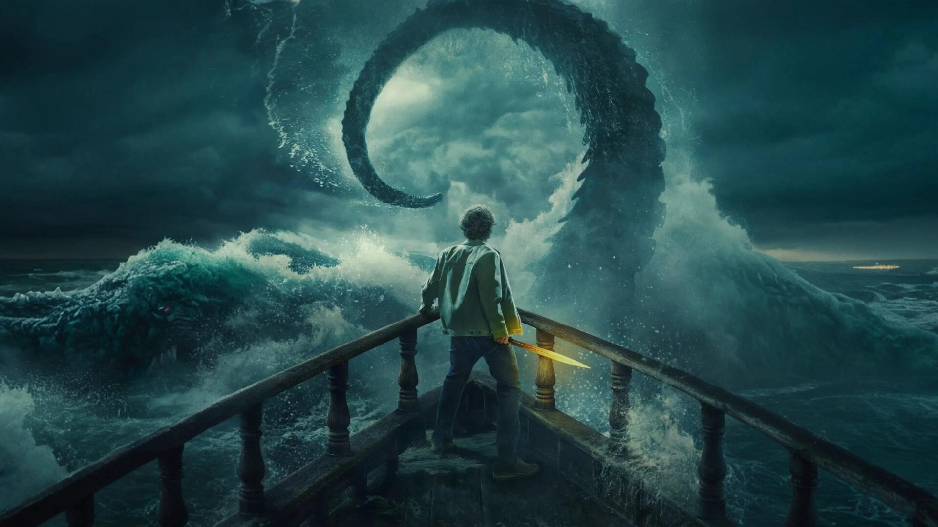 4K Ultra HD PC desktop wallpaper — Percy Jackson & the Olympians: The Lightning Thief. Lone figure on a ship prow faces a towering sea-serpent amid stormy, lightning-split ocean.
