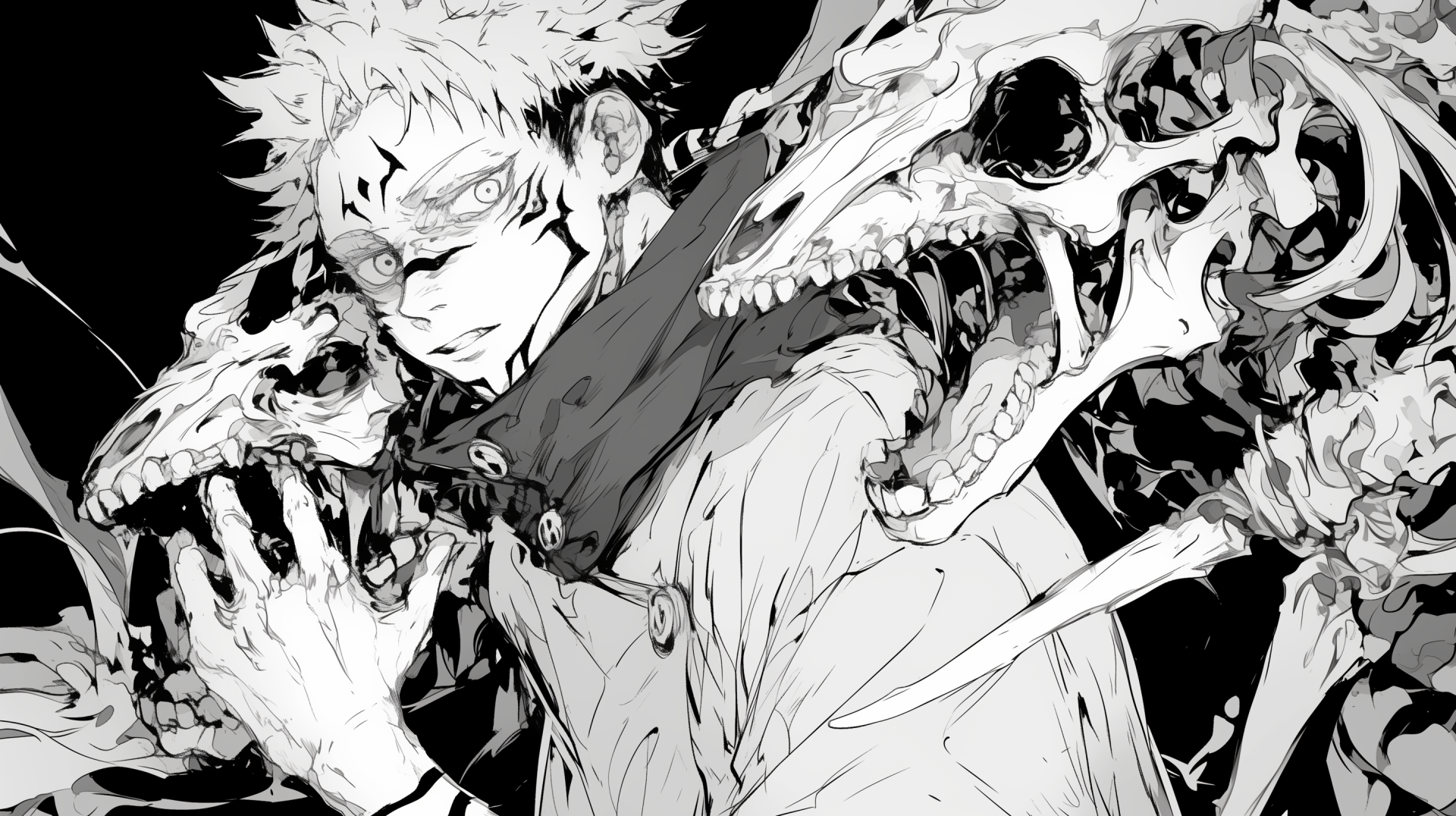 2K Quad HD AI art anime wallpaper of Yuji Itadori bearing Sukuna markings, flanked by snarling demon skulls in a high-contrast, inked monochrome style.