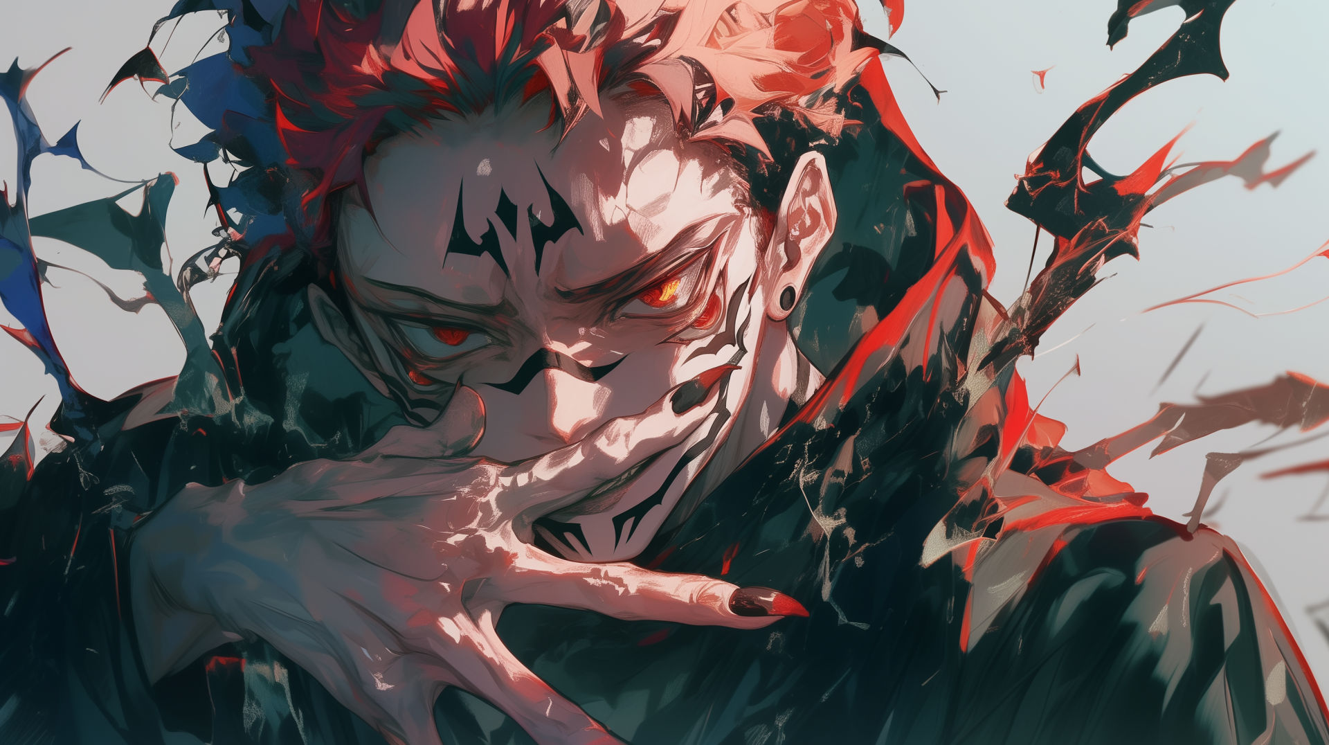 AI art 2K Quad HD PC desktop wallpaper of Yuji Itadori/Sukuna (Jujutsu Kaisen): red-eyed anime portrait, cursed tattoos, hand over mouth, dark torn aura.