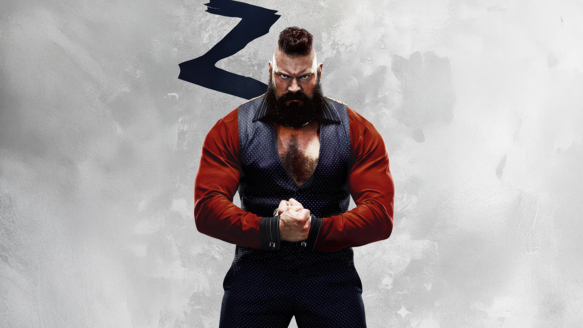 Street Fighter (2026) 5K Ultra HD PC wallpaper: muscular bearded fighter in a vest and rolled sleeves, hands clenched, stern expression against a textured gray background.