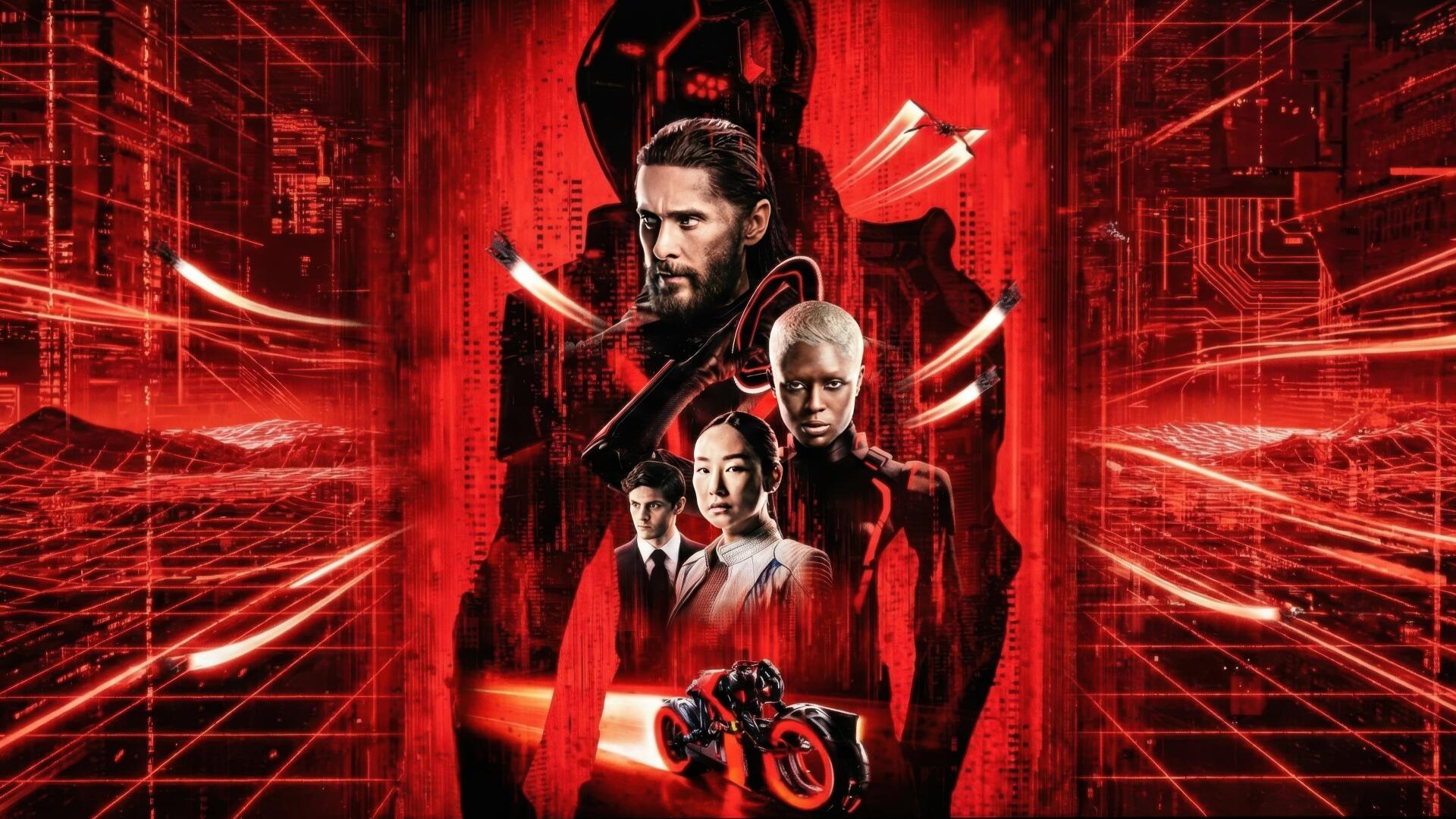 Tron: Ares 2K Quad HD PC desktop wallpaper — red neon cyber-grid with three figures before a looming helmeted silhouette and a glowing light cycle.