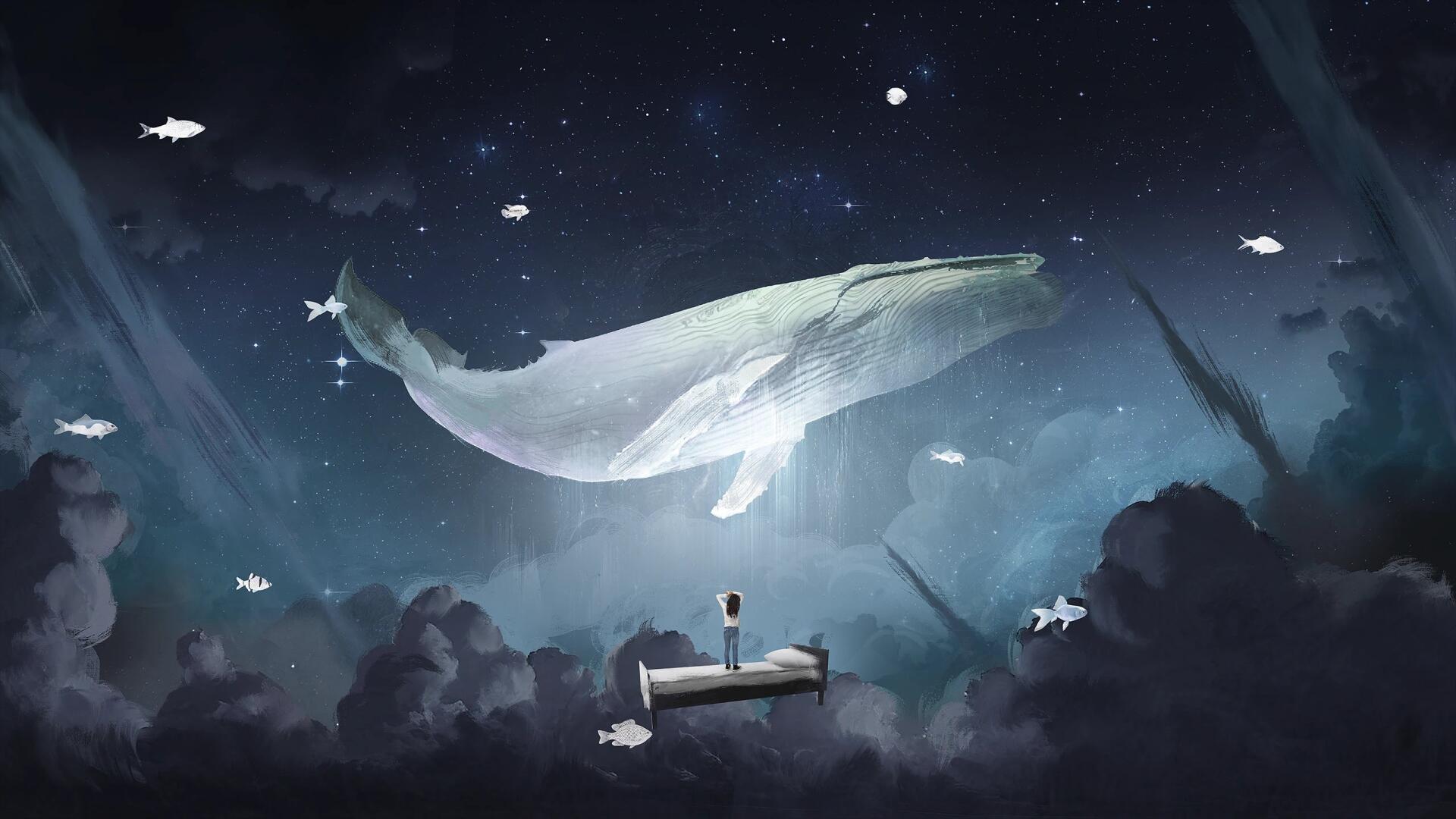 Dreamlike artistic night scene: a glowing whale drifts over a lone figure on a dock, 2K Quad HD PC desktop wallpaper background.