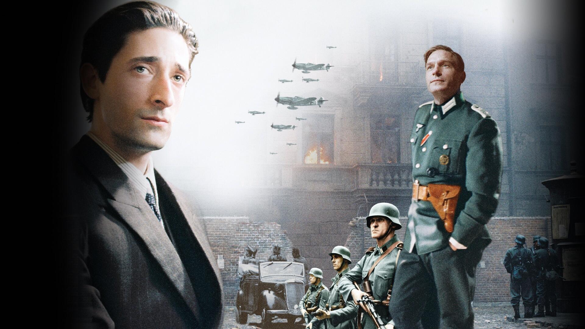 The Pianist — 4K Ultra HD PC desktop wallpaper and background: somber wartime collage of a reflective pianist in a suit, uniformed soldiers, armored vehicles and low-flying planes.
