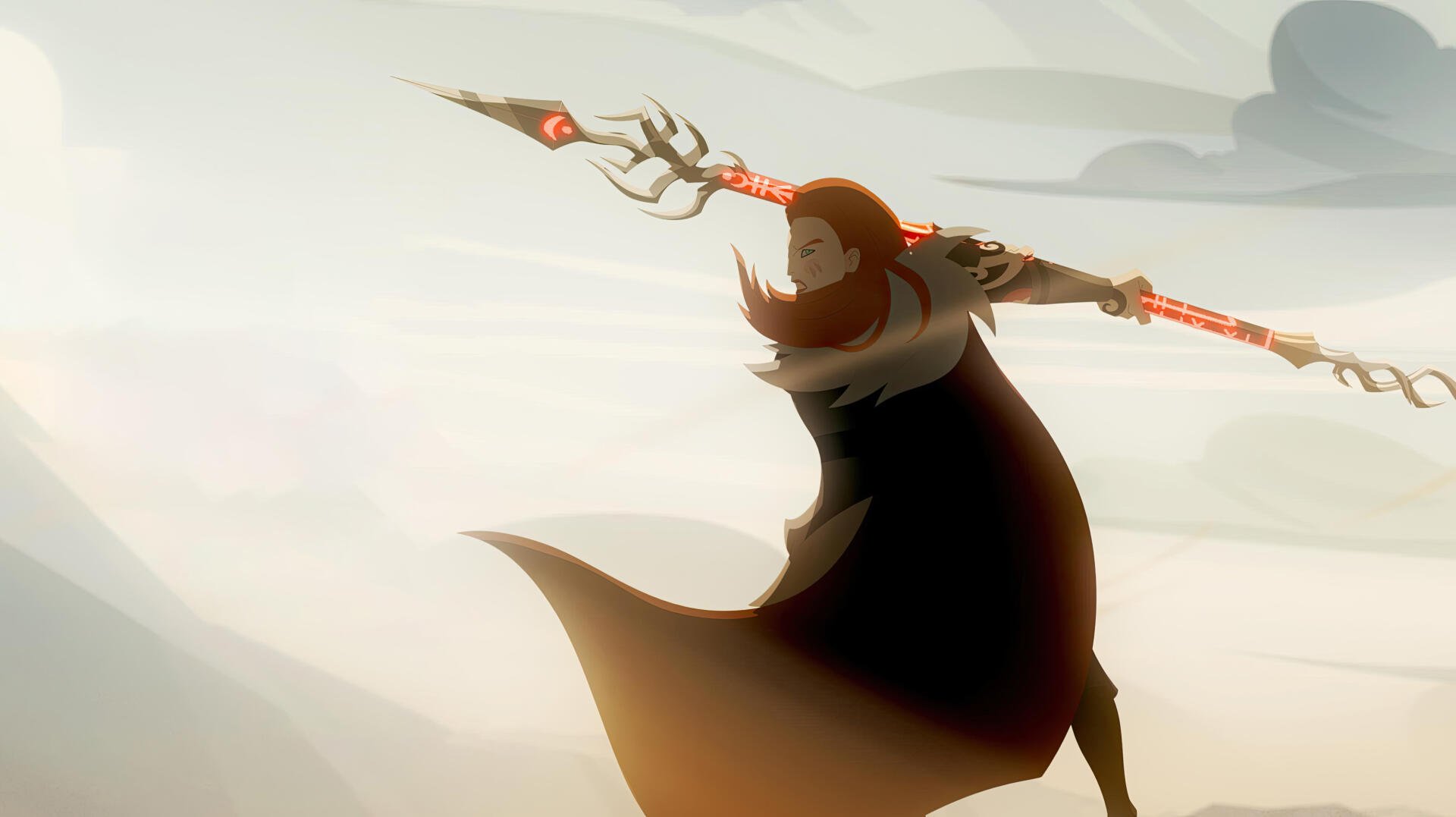 Twilight of the Gods — 2K Quad HD PC desktop wallpaper/background of a cloaked warrior brandishing a glowing spear atop windswept, misty mountains at dawn.