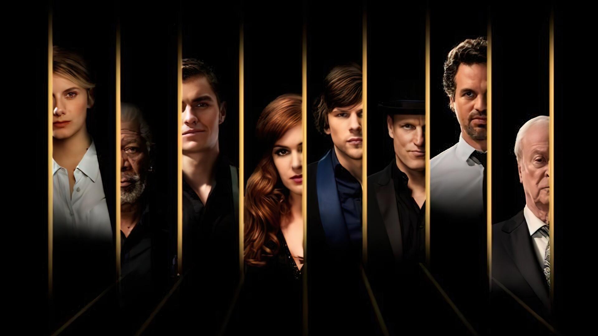 Now You See Me 4K Ultra HD PC desktop wallpaper: film cast faces revealed through vertical gold slats on a black background, dramatic cinematic portrait layout.