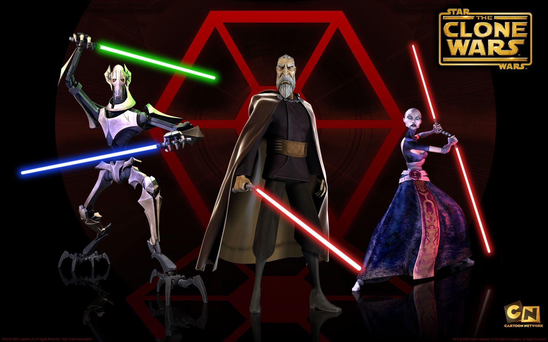 Star Wars: The Clone Wars (2008) HD PC desktop wallpaper: Count Dooku between General Grievous and Asajj Ventress, lightsabers drawn before a red hex emblem and Clone Wars logo.