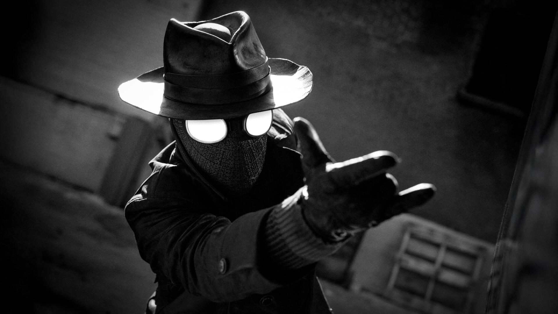 Black-and-white Spider-Man Noir in fedora and trench coat, reaching toward viewer — moody 5K Ultra HD PC desktop wallpaper/background.