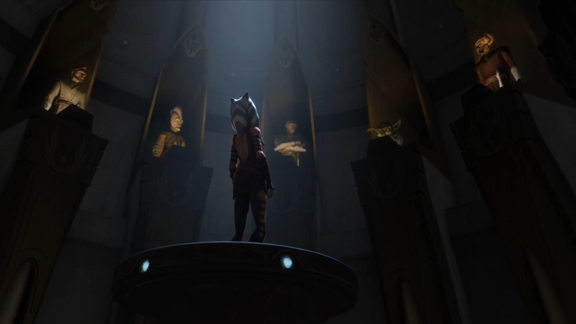 Shadowy Jedi figure stands on a pedestal in a dim council hall, Star Wars: The Clone Wars (2008) — 4K Ultra HD PC desktop wallpaper and background.