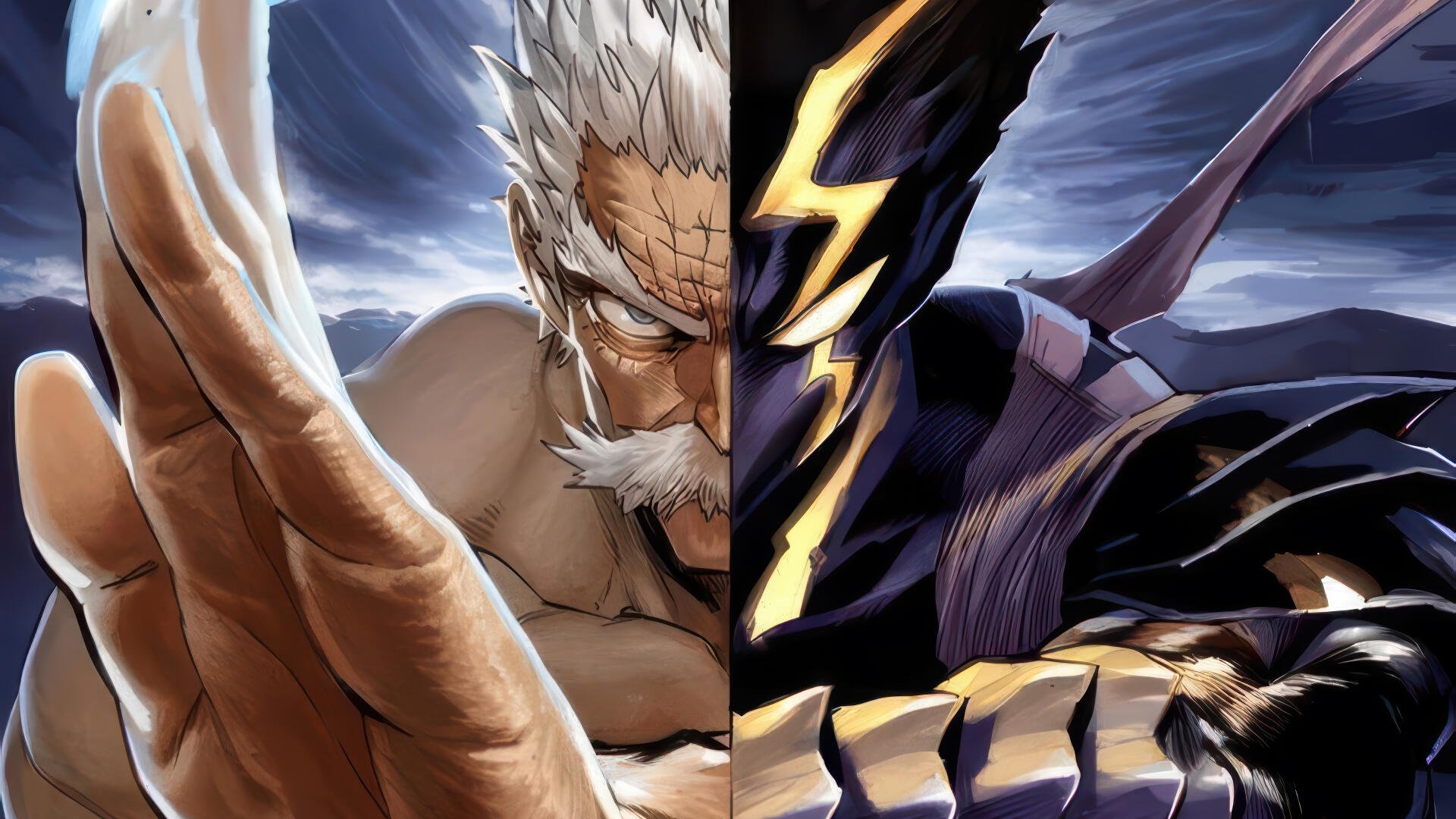 4K Ultra HD One-Punch Man PC desktop wallpaper: split close-up of Silver Fang (Bang) and a dark, armored monstrous adversary against a stormy sky backdrop.