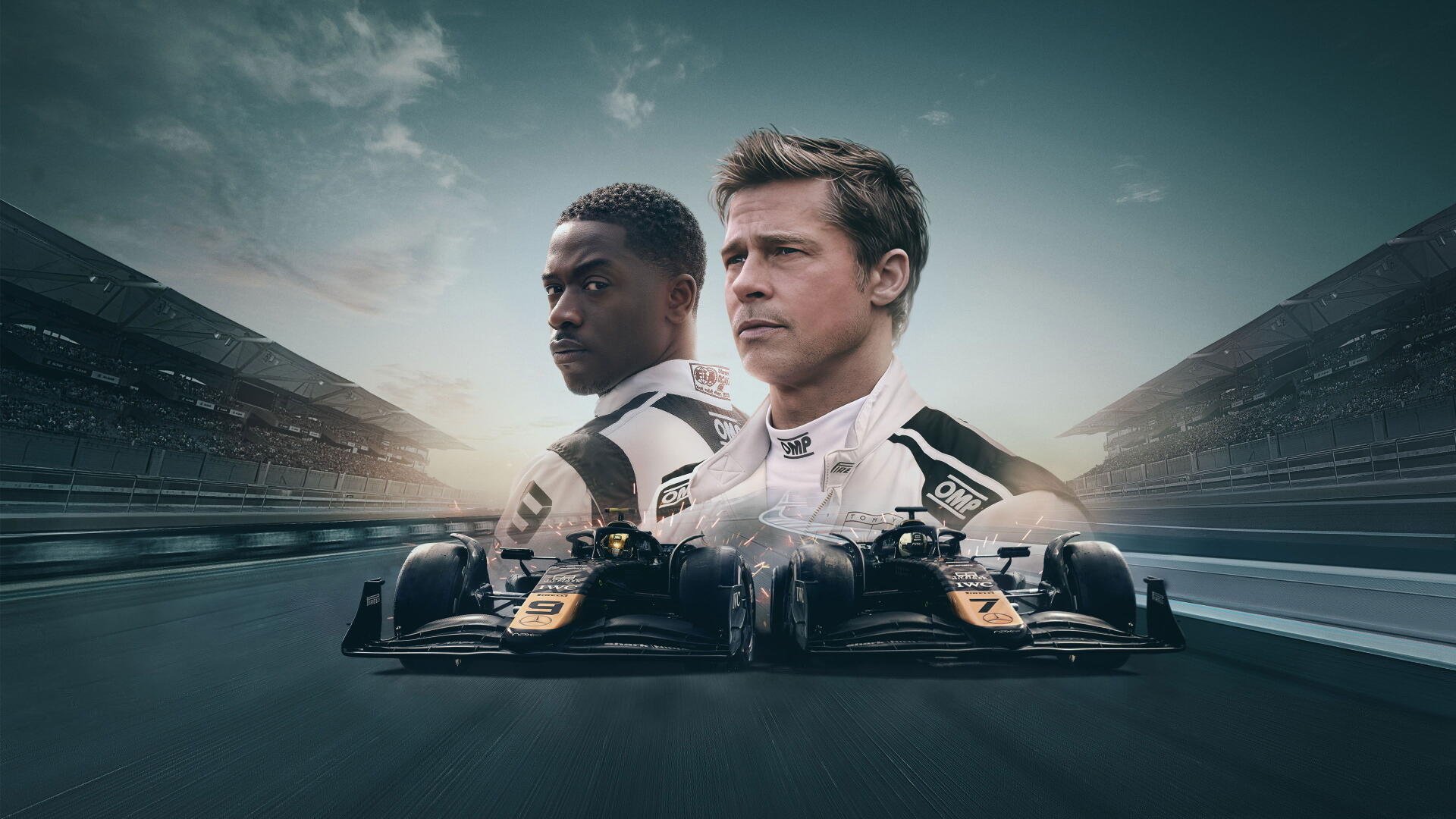 F1 (2025) 4K Ultra HD PC desktop wallpaper: cinematic poster of two race drivers back-to-back above twin Formula 1 cars speeding down a stormy racetrack.