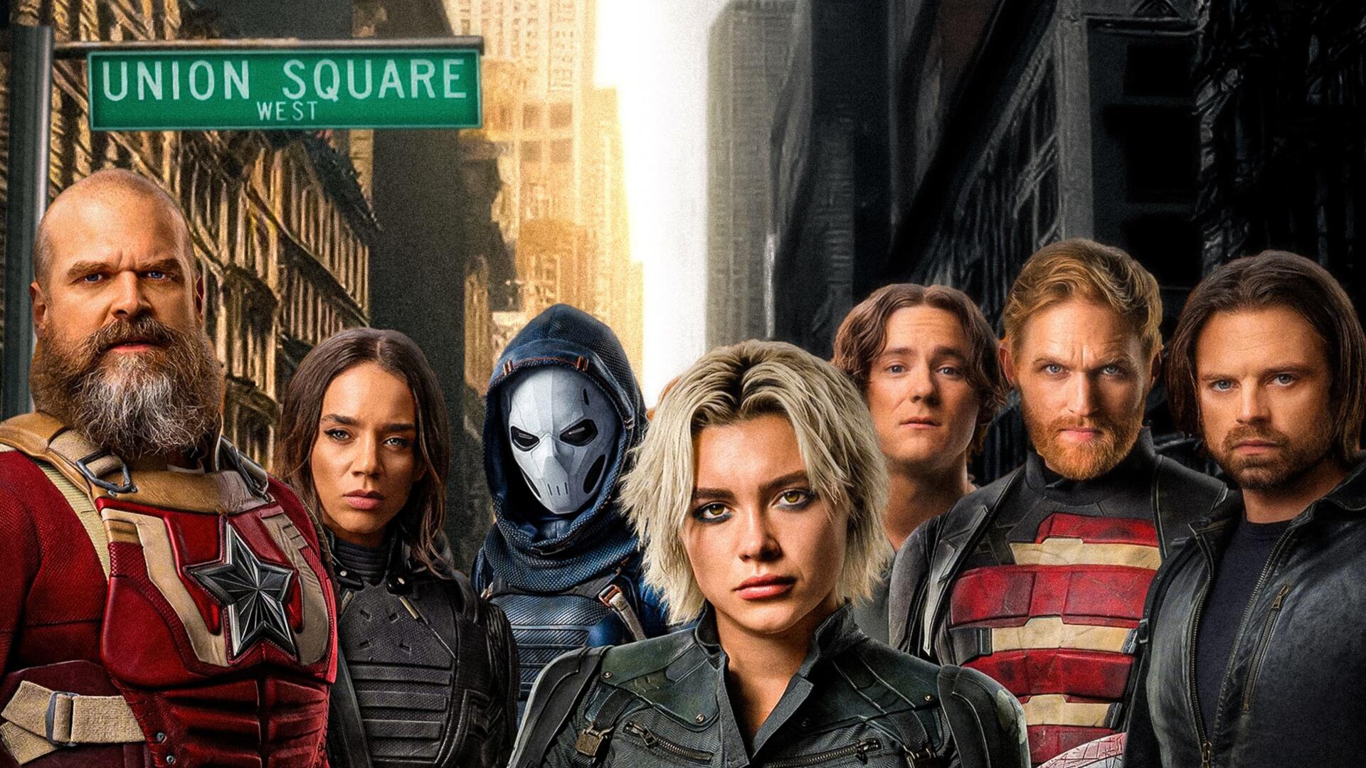 Thunderbolts (2025) 4K Ultra HD PC desktop wallpaper: six armored antiheroes, a skull-masked figure and a lead woman, posing on a gritty Union Square city street at sunrise.