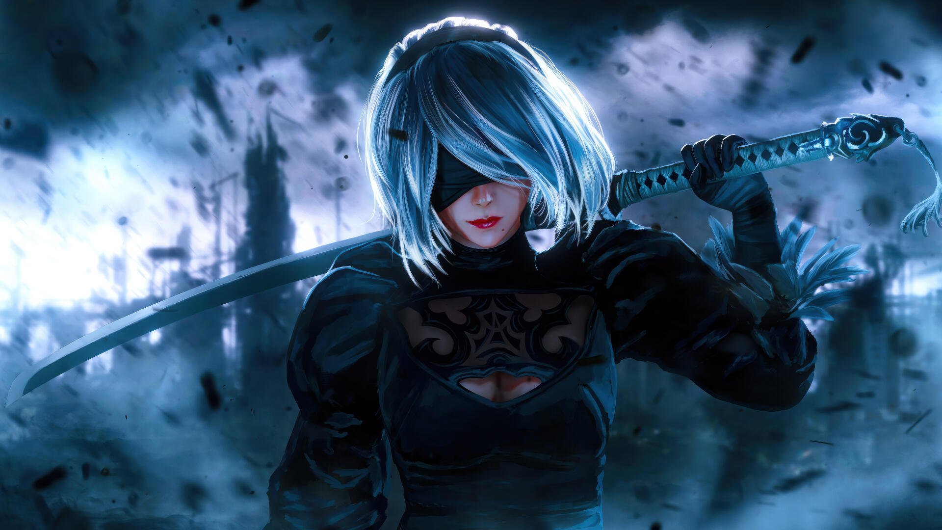 4K Ultra HD PC wallpaper of YoRHa No.2 Type B (2B) from NieR: Automata — blindfolded android in black combat dress holding a katana before a ruined, stormy futuristic city.