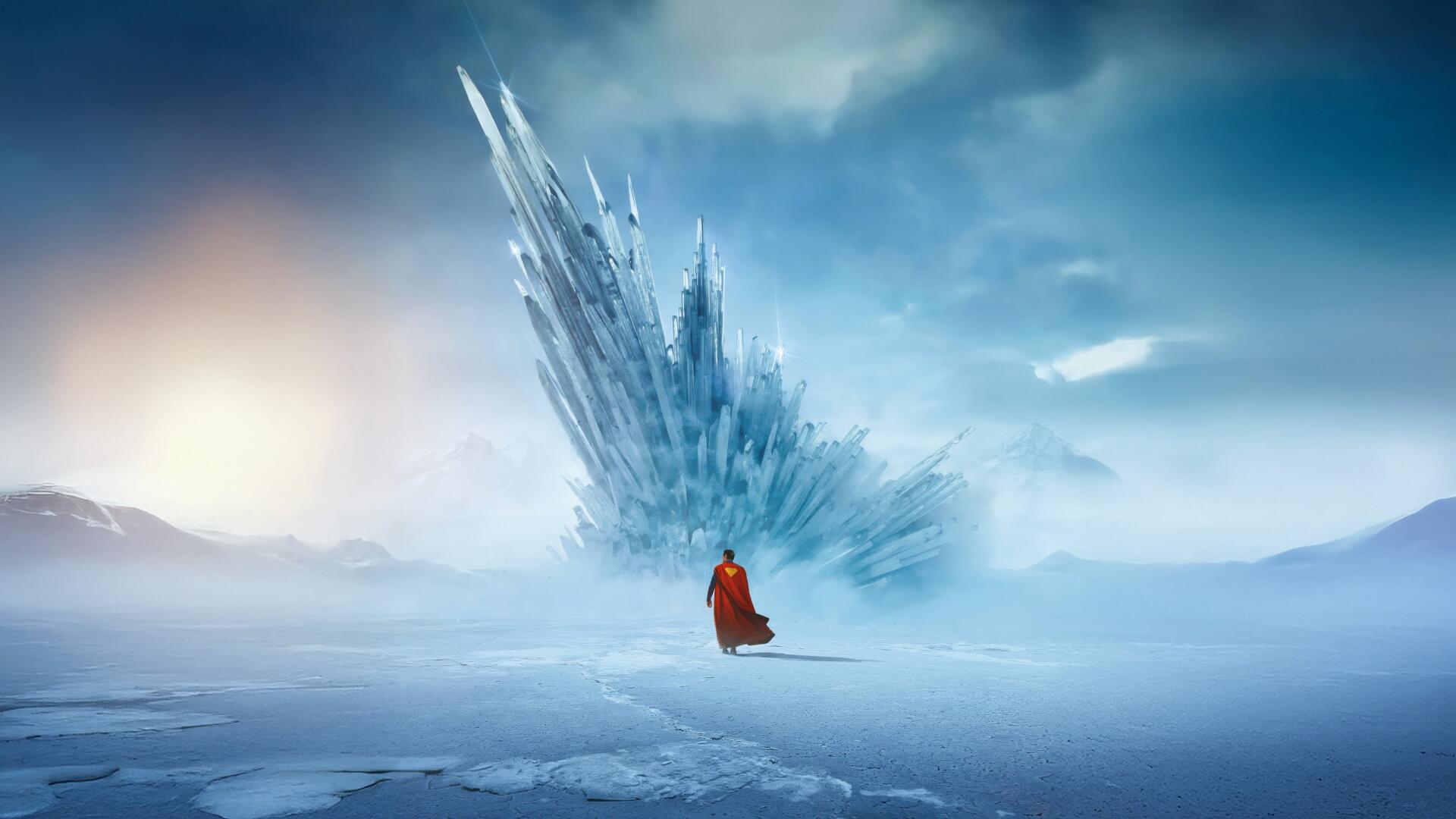 Superman (2025) 4K Ultra HD PC desktop wallpaper and background: cape-clad hero stands on an icy plain facing a towering crystalline Fortress of Solitude beneath a dramatic, clouded sky.