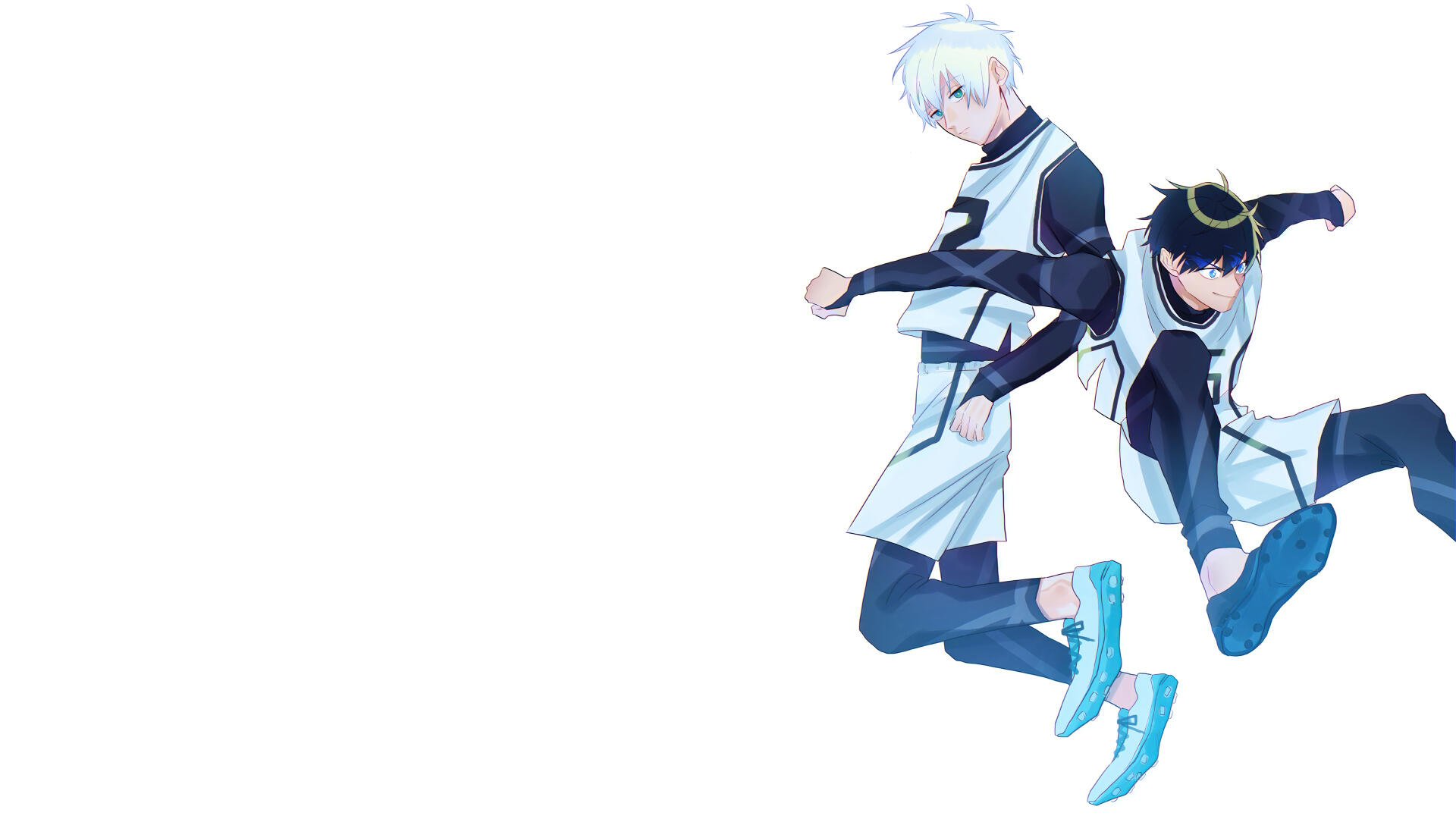 Two Blue Lock characters leaping against a minimalist white background with cool blue accents — 4K Ultra HD PC desktop wallpaper background.
