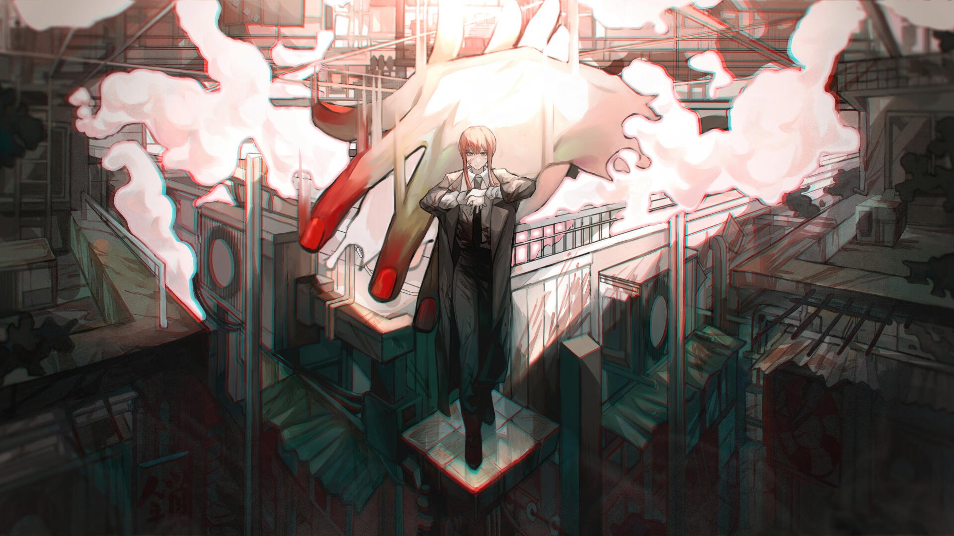 Chainsaw Man 8K Ultra HD PC desktop wallpaper and background: lone suit-clad figure stands on a rooftop beneath a giant bloodstained hand and drifting smoke over a dim, industrial cityscape.