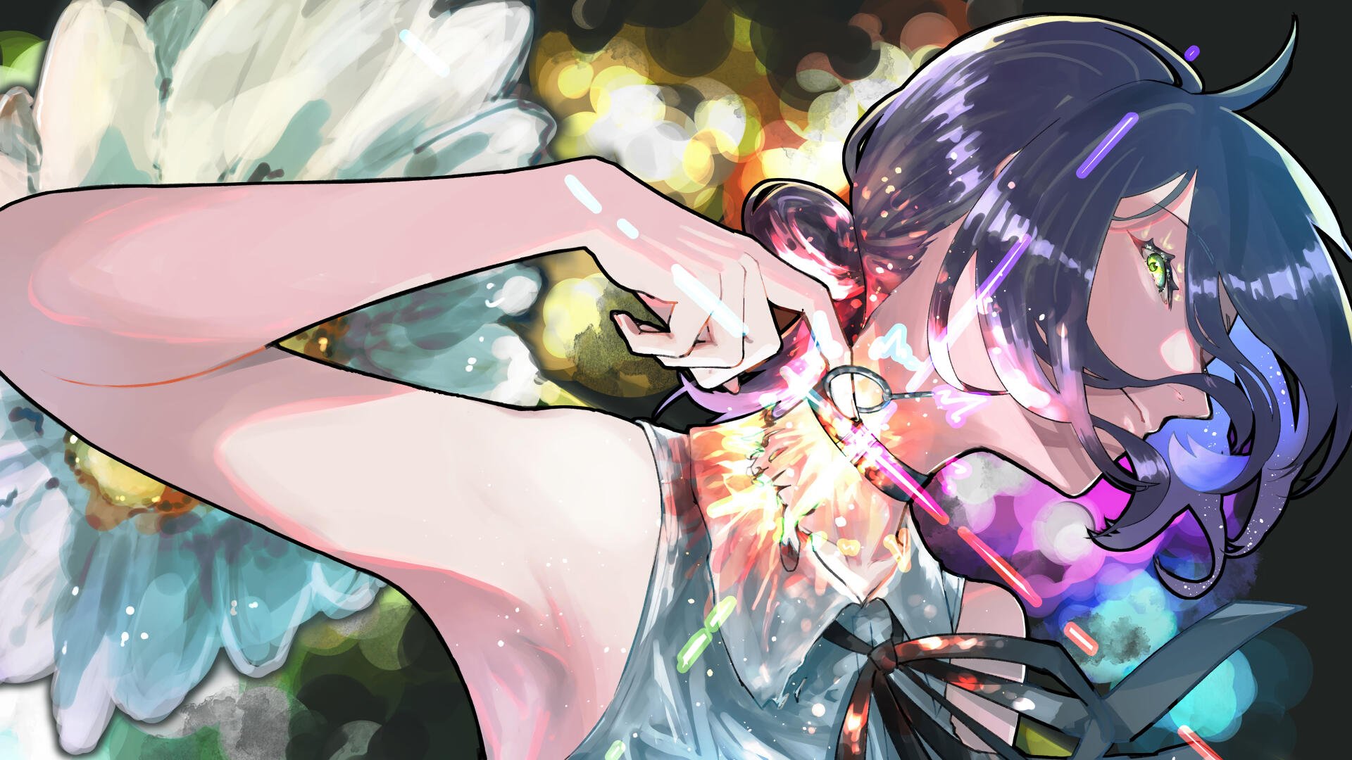 Chainsaw Man 8K Ultra HD PC desktop wallpaper/background: anime close-up of a purple‑haired character tugging at a glowing neck ornament, framed by colorful, floral bokeh lights.