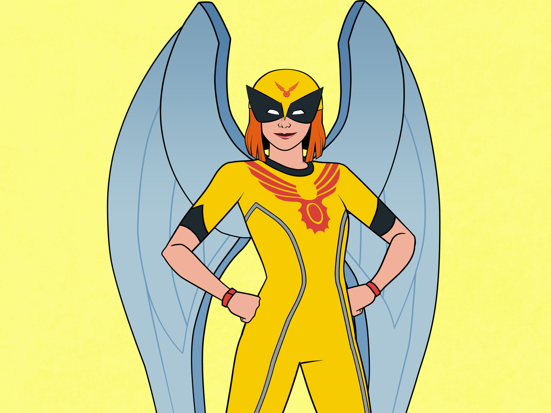 Birdgirl (TV show) in a bright yellow suit with blue wings, hands on hips and a confident smile — 4K Ultra HD PC desktop wallpaper and background.