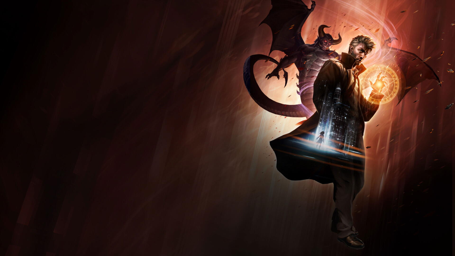 Constantine: City of Demons 4K Ultra HD PC wallpaper — trench‑coated Constantine clutching a glowing sigil as a horned demon shadow looms behind him against a dark, smoky backdrop.