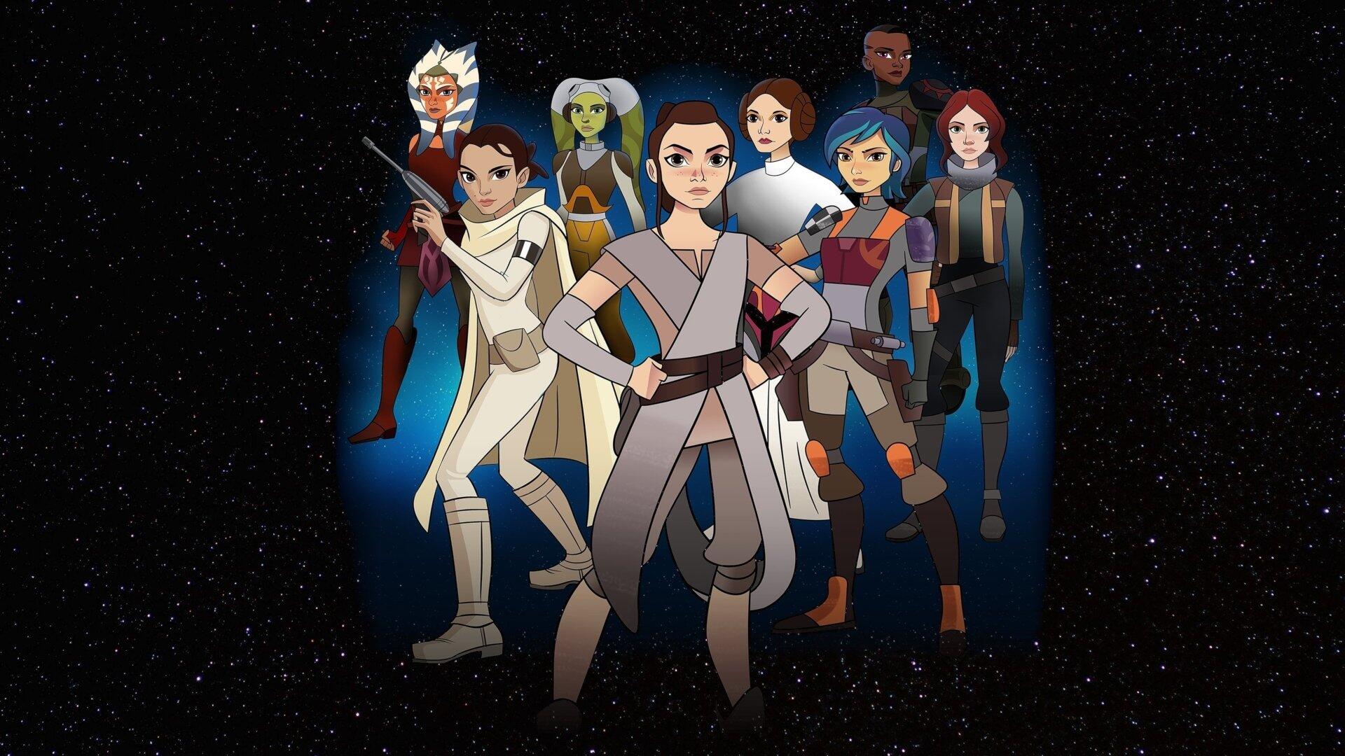 Star Wars: Forces of Destiny HD PC desktop wallpaper — animated heroes stand united in a V-formation against a starfield backdrop.