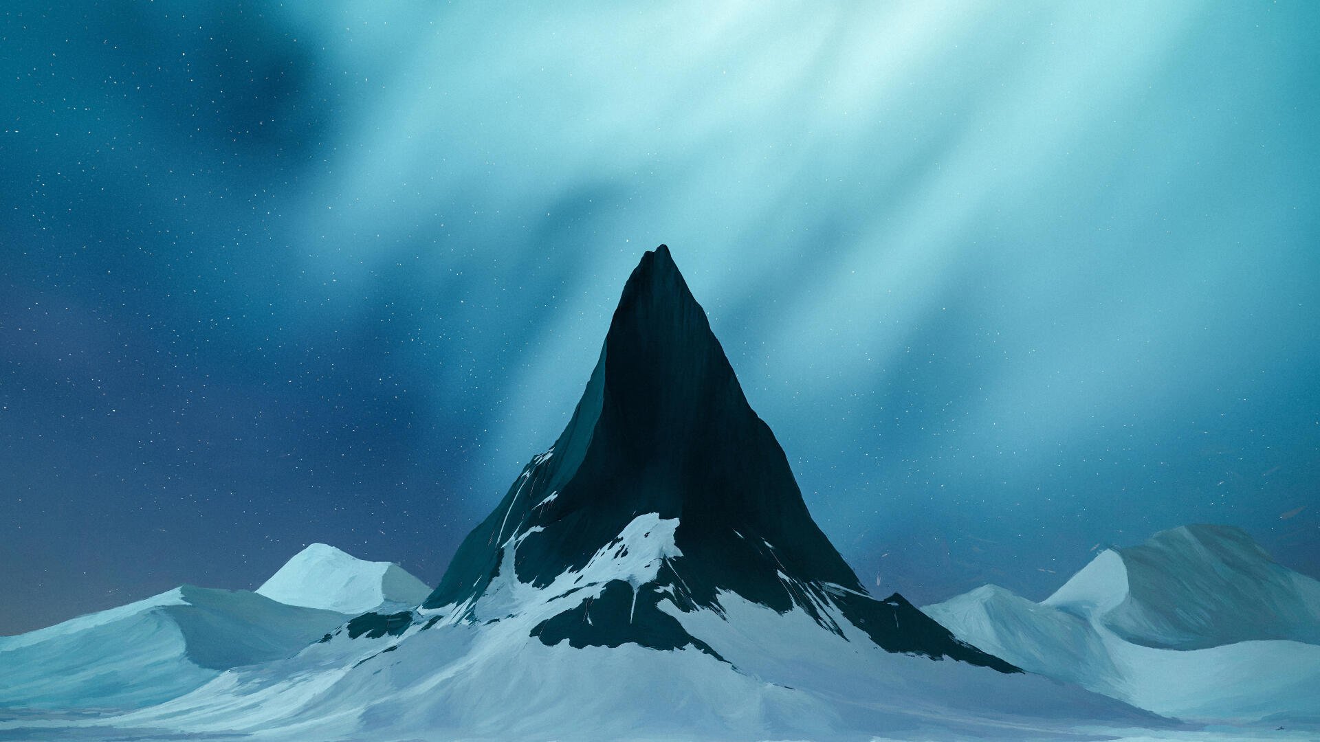 4K Ultra HD desktop wallpaper of a sharp snowy mountain peak beneath a glowing night sky, a dramatic landscape and nature scene.