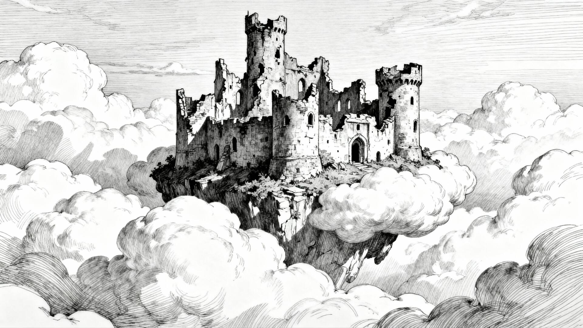 Monochrome ink sketch of a fortress floating on clouds, detailed stone towers and turrets — 4K Ultra HD PC Desktop Wallpaper and Background.